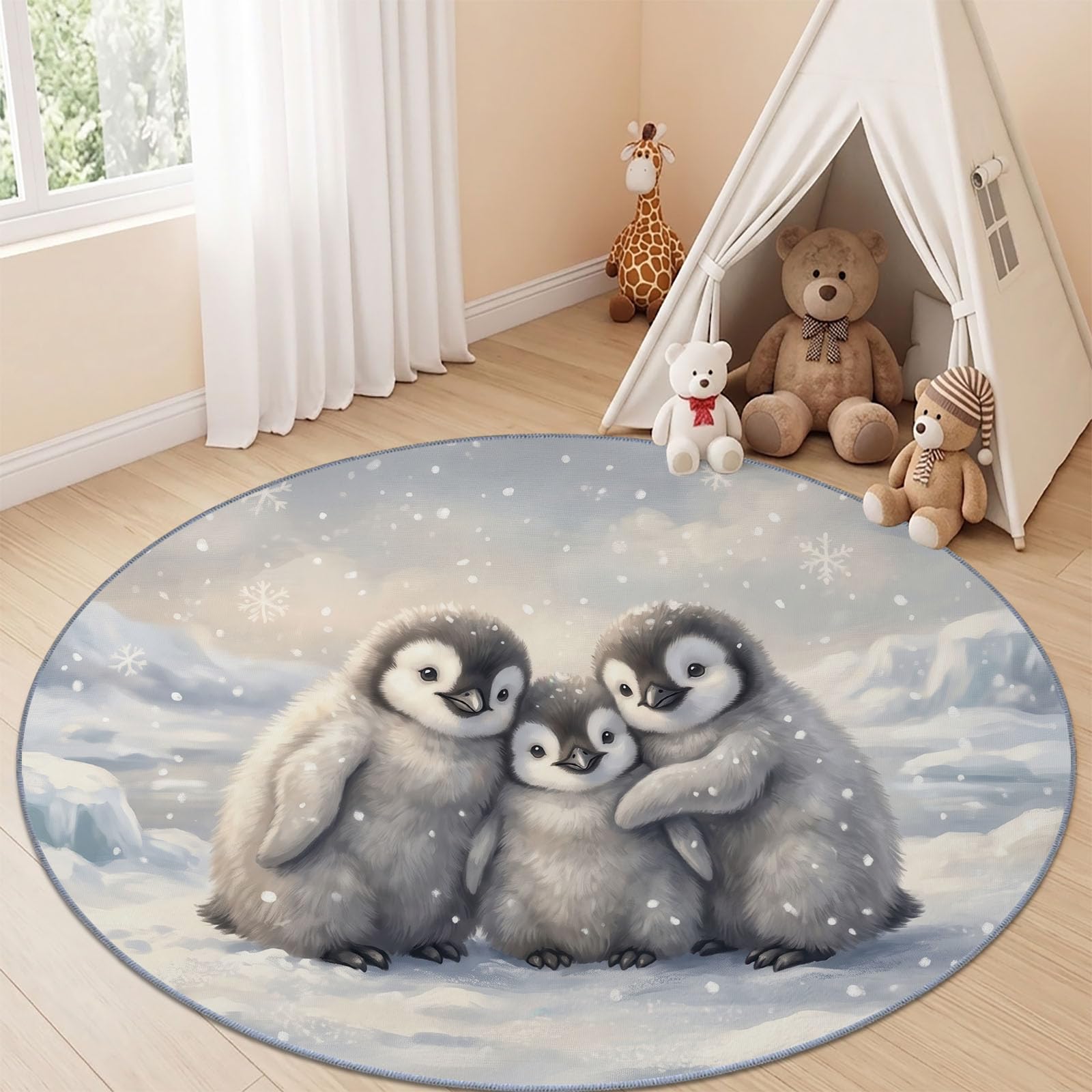 Alfombra redonda para niños y niñas, diseño de pingüino, suave, para dormitorio, sala de juegos, sala de estar, redonda, 120 cm, parte trasera antideslizante, color blanco
