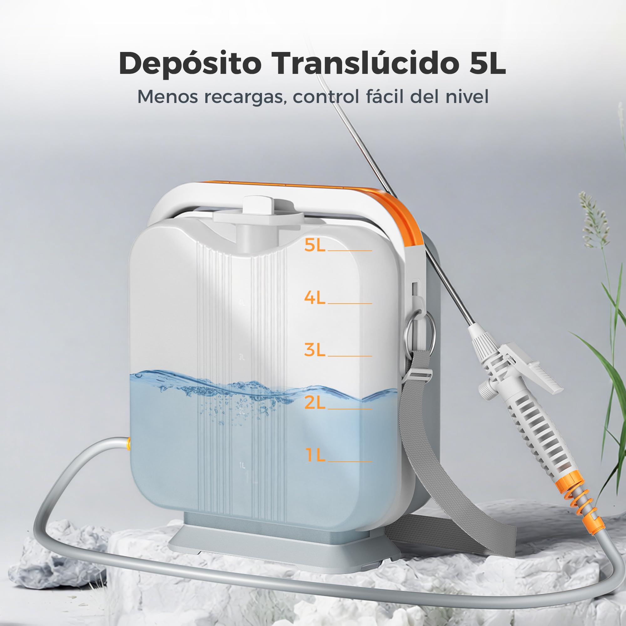 Diivoo Pulverizador Eléctrico de Jardín 5L, Boquilla Ajustable (Niebla/Chorro), Depósito Graduado,Correa Ajustable, Batería Recargable 2000mAh, Pulverizador a Presión Portátil para Plantas y Exterior