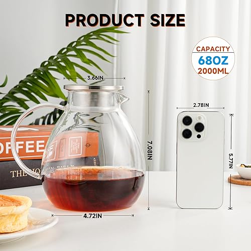 Miniatura 2 de Tetera de vidrio de 68 onzas67.6 fl oz con tapa de filtro de acero inoxidable, apta para estufa y microondas, tetera de agua, colador y cubierta, 2