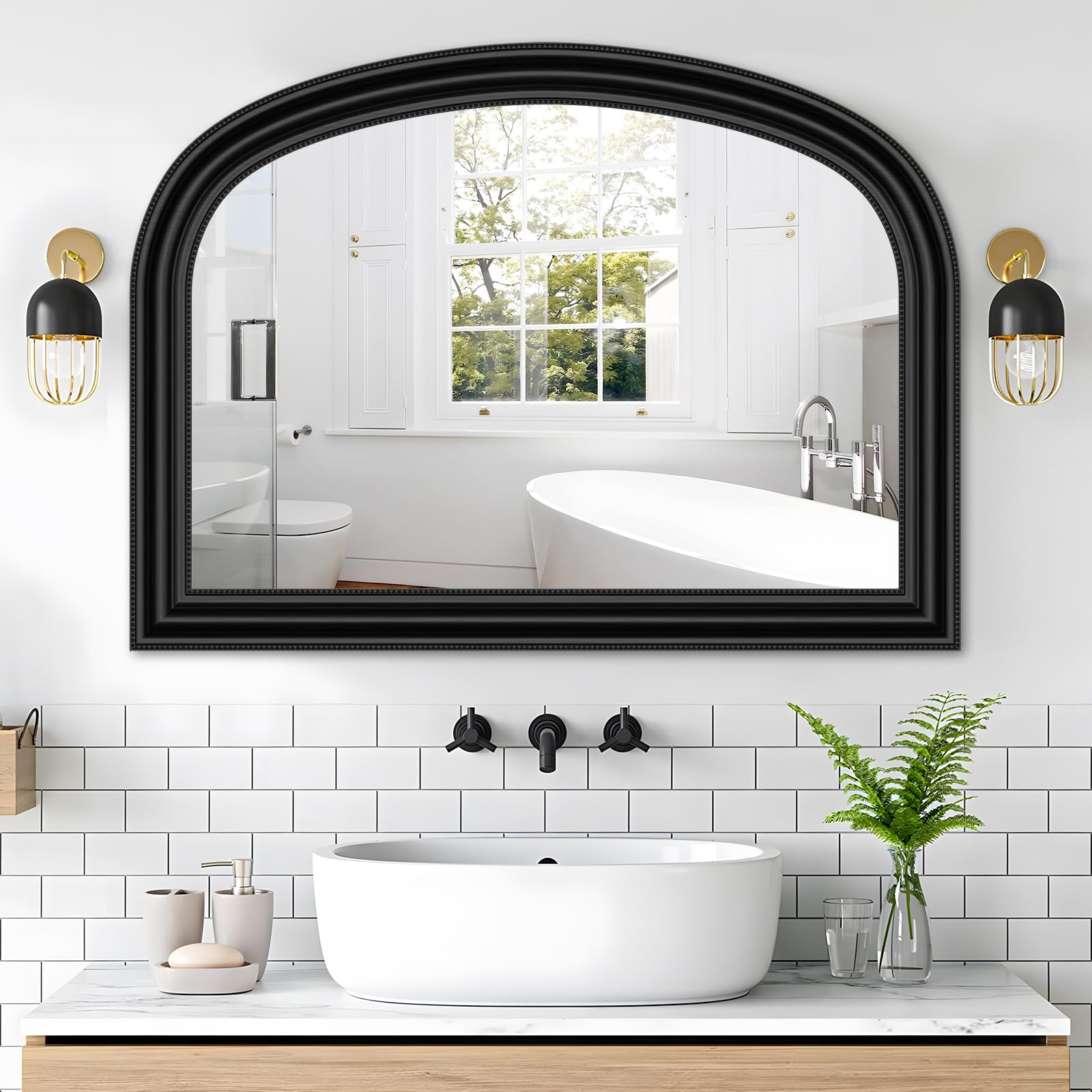 Arch Bathroom Vanity Mirror for Wall Decorative, 36" x 26" Black Vintage Mirror with Beaded Frame for Wall Decor Farmhouse Wood Frame Mirror for Entryway, Living Room Black