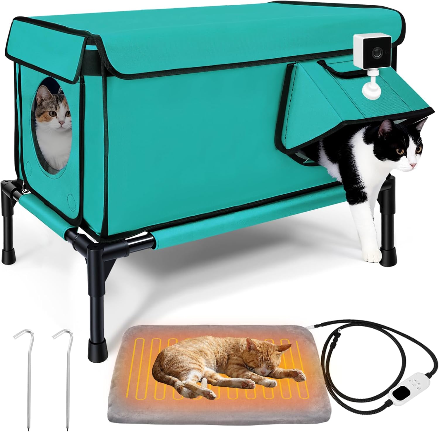 Elevated Heated Outdoor Cat House - 100% Weatherproof Insulated Outdoor Cat Shelter with Safe Escape Door & Removable Heating Pad, Warm Heated Cat House for Outside Stray/Feral/Barn Cat