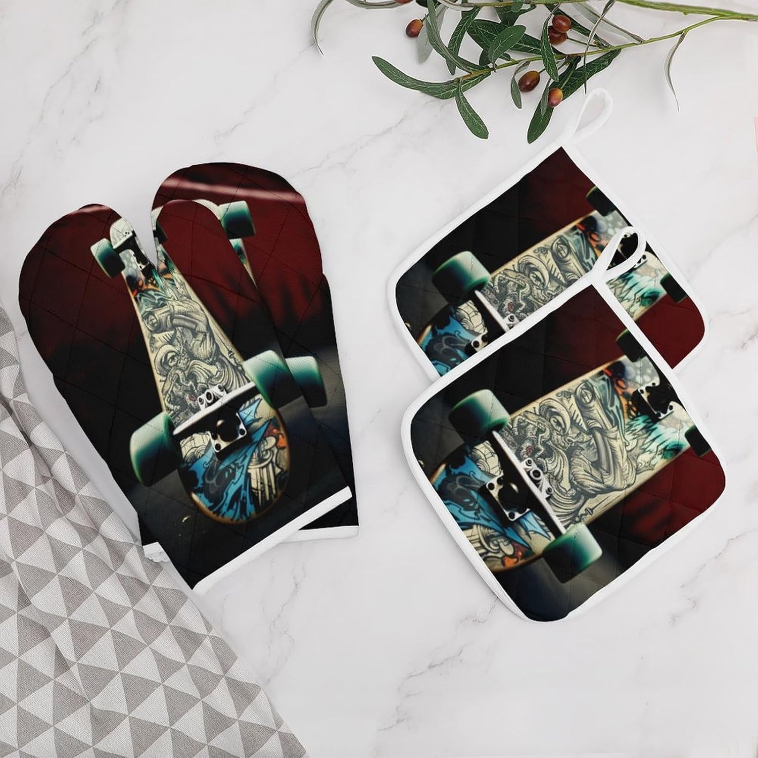 4-Piece Oven Mitts and Pot Holders Set Skate Boards Printed Heat-Resistant Polyester Kitchen Gloves and Potholders Comfortable & Durable for Cooking Baking and Grilling