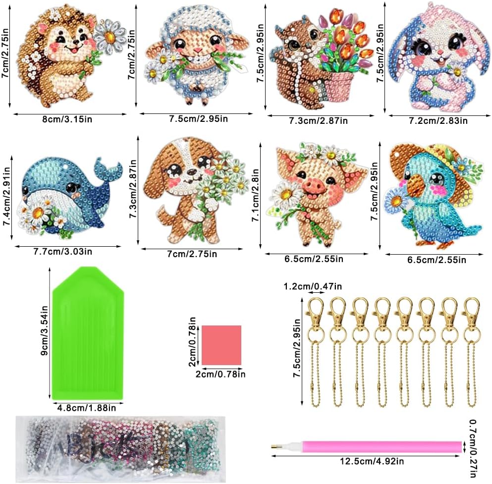 FineGood 8 PCS Animal Diamond Art Painting Keychains Kits, 5D Diamond Art Suncatcher Kits Crystal Diamond Keychains, DIY Carft for Hanging Ornament - Image 2