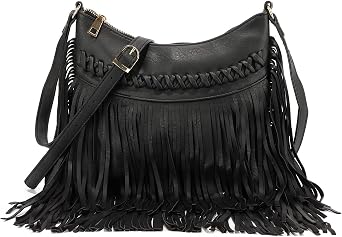 Oweisong Leather Fringe Purse for Women Trendy Western Tassel Crossbody Bag Vintage Hobo Black Shoulder Messenger Bag