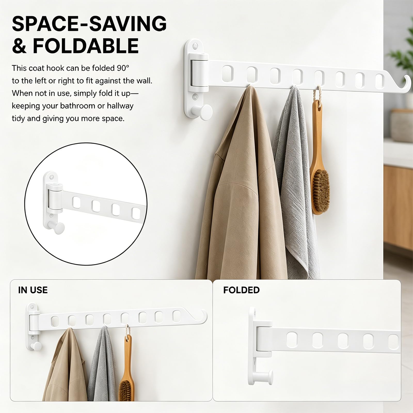 TIANLIN Appendipanni Pieghevole a Muro, 8 Ganci in Lega di Alluminio, Rotazione 180°, con Kit di Montaggio e Copriganci – Bianco – Per Bagno, Balcone, Camerino, Hotel, Dormitorio