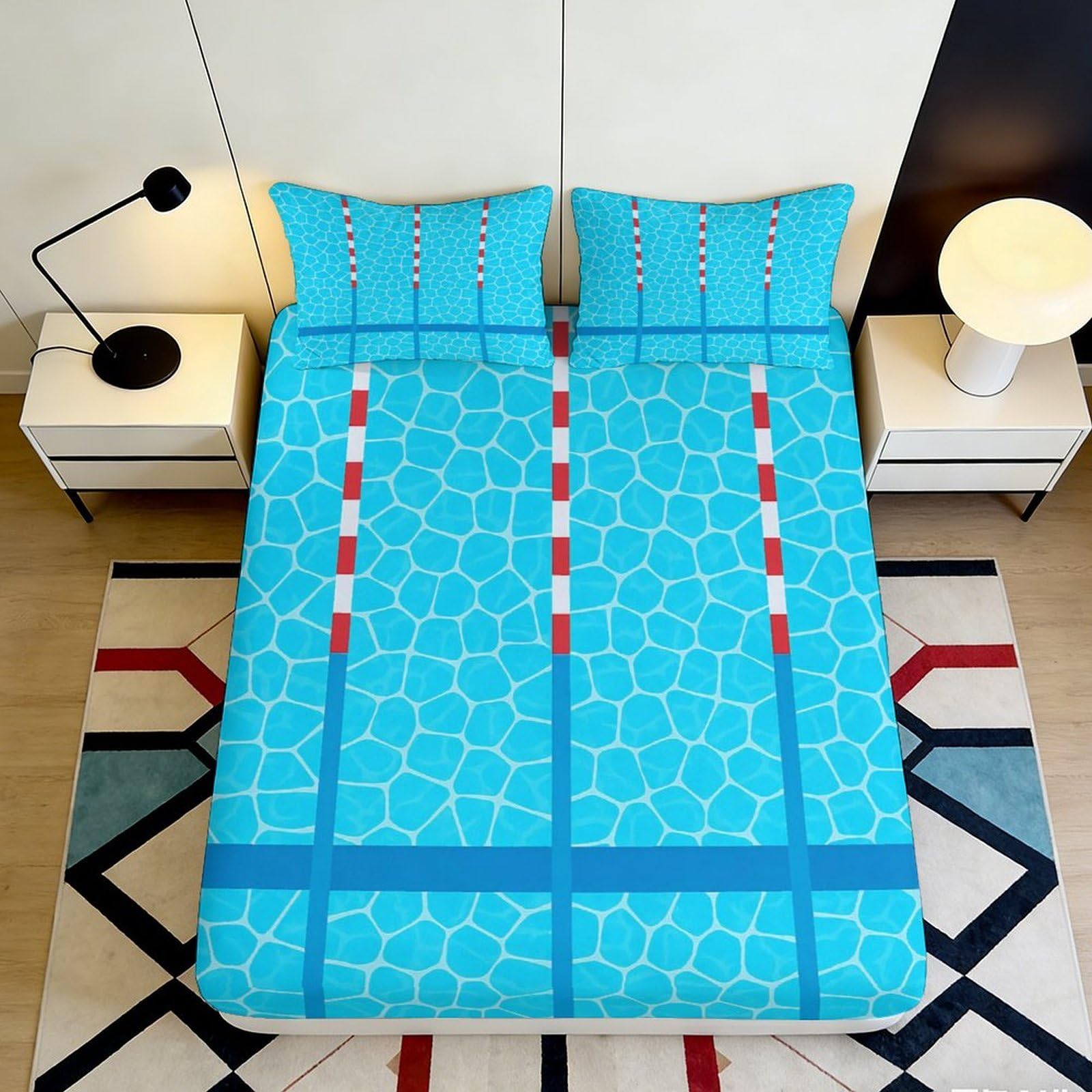 3D Printed Swimming Pool Lane Fitted Sheet Microfiber Blue Water Pattern Mattress Cover for Bedroom Guest Room 90x200x25cm