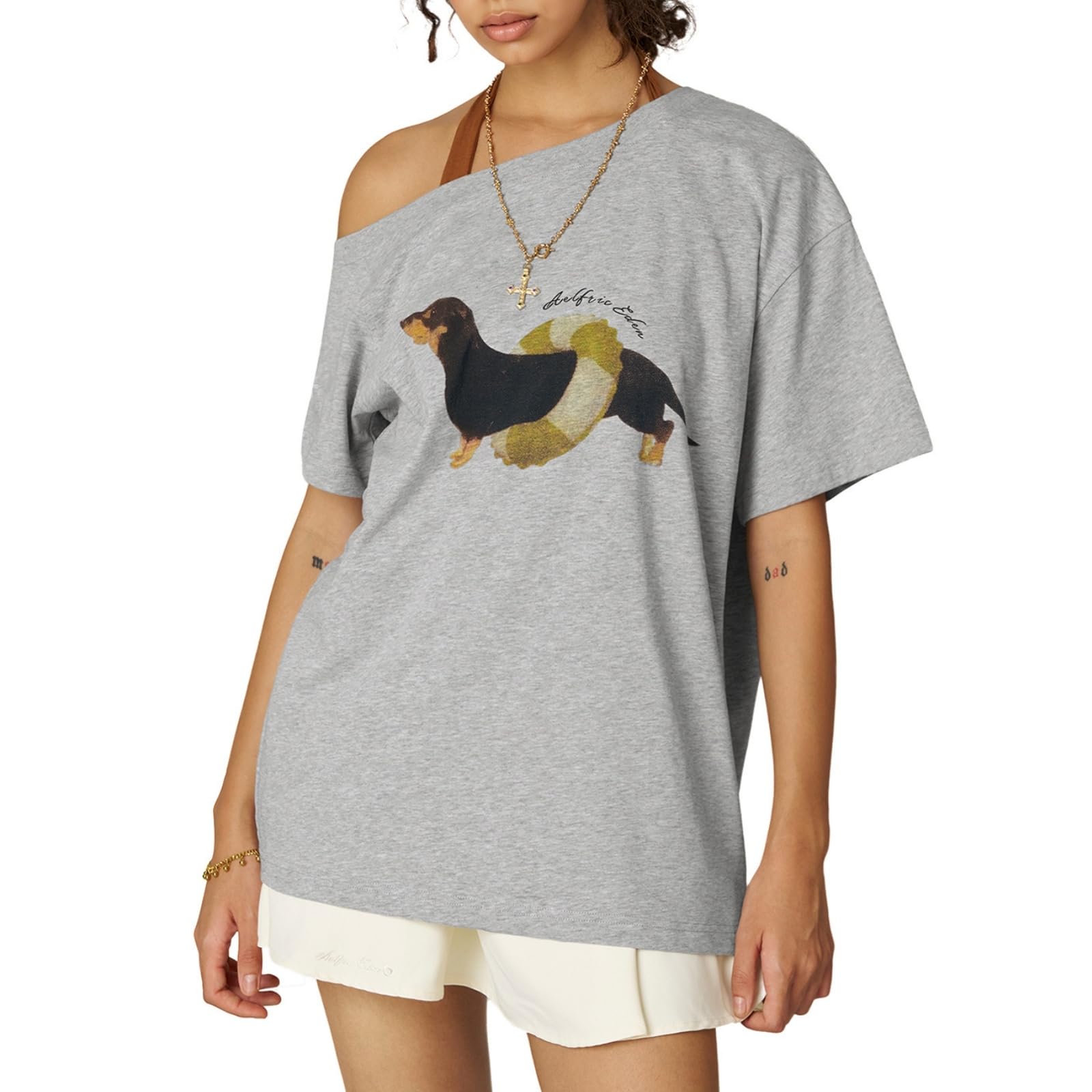 Dachshund Off The Shoulder Tshirts Women's Oversized Graphic Tees Short Sleeve Summer Cute T Shirts Y2K Tops