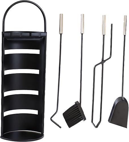 Sunnydaze Juego de herramientas para chimenea de 4 piezas con soporte, accesorios de hogar para interiores y soporte para cubierta ranurado