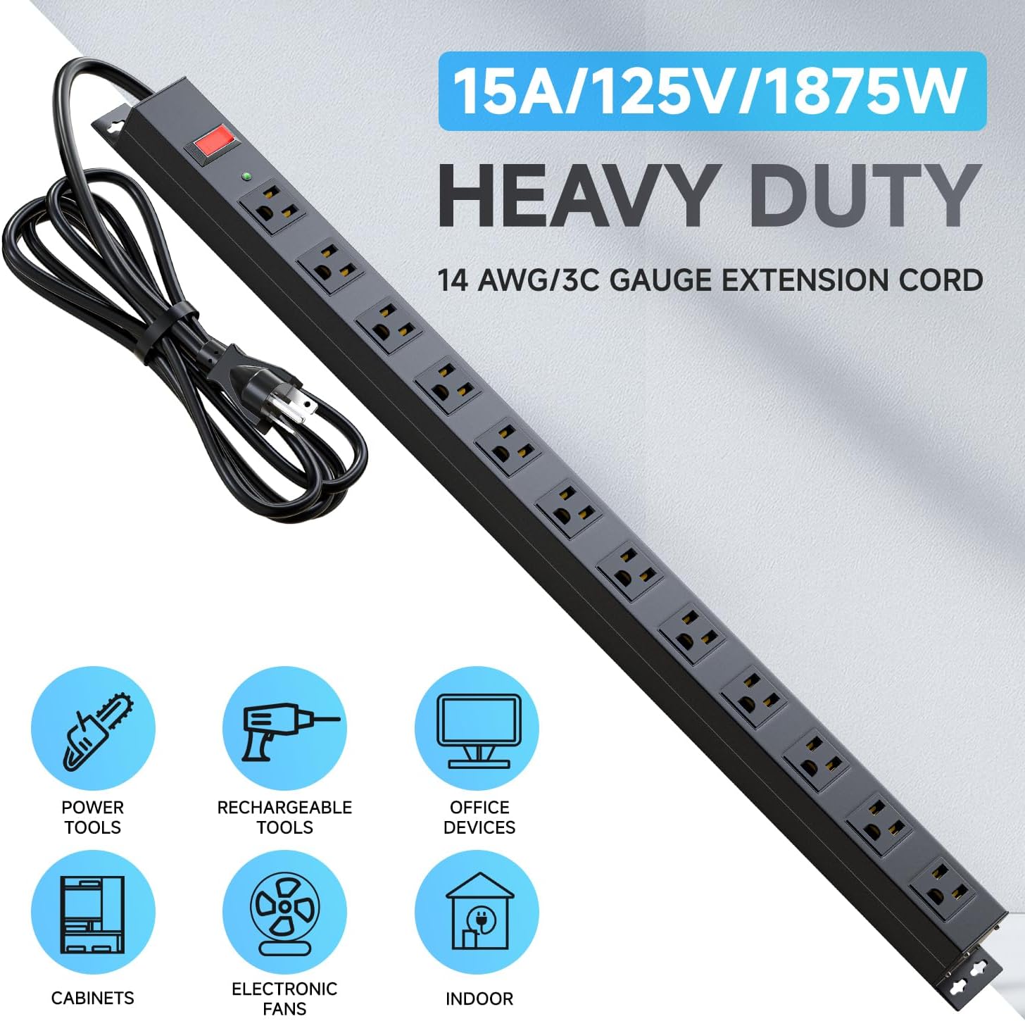 Metal 12 Outlet Mountable Power Strip, Metal Housing, 1000 Joules, 15A Breaker, Wide Space, 15A/125V/1875W Industrial Heavy Duty, 6FT 14AWG Power Cord for Workbench Home Office Garage-Black