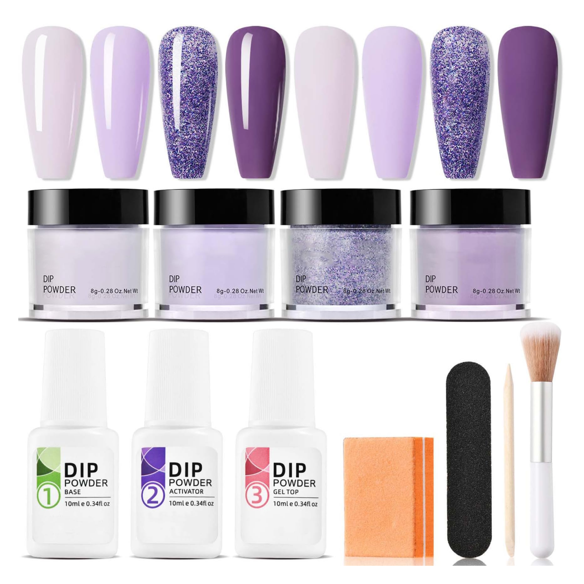 Kit de poudre de trempage pour ongles, 4 couleurs, sans danger pour la peau, comprend une base activatrice/couche finition, un pinceau, un bâton tampon, violet, bleu, longue durée, pour débutants