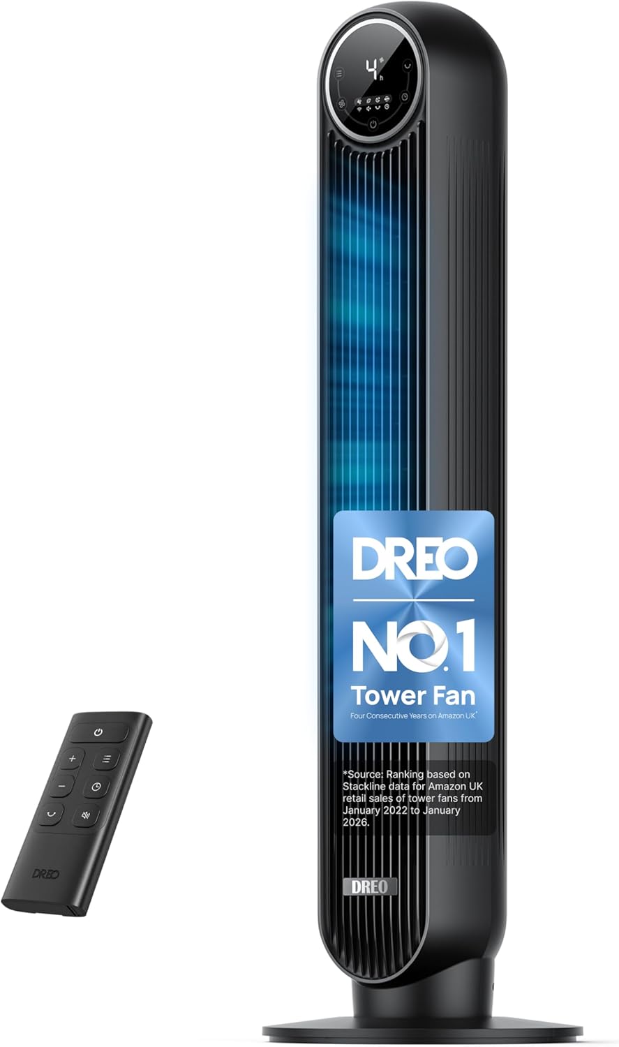 DREO 20dB Silent Tower Fan, 28 ft/s Velocity Electric Cooling Fan with Remote, 90° Oscillating 8 Speeds 4 Modes 8H Timer LED Display, 220-240V, Black