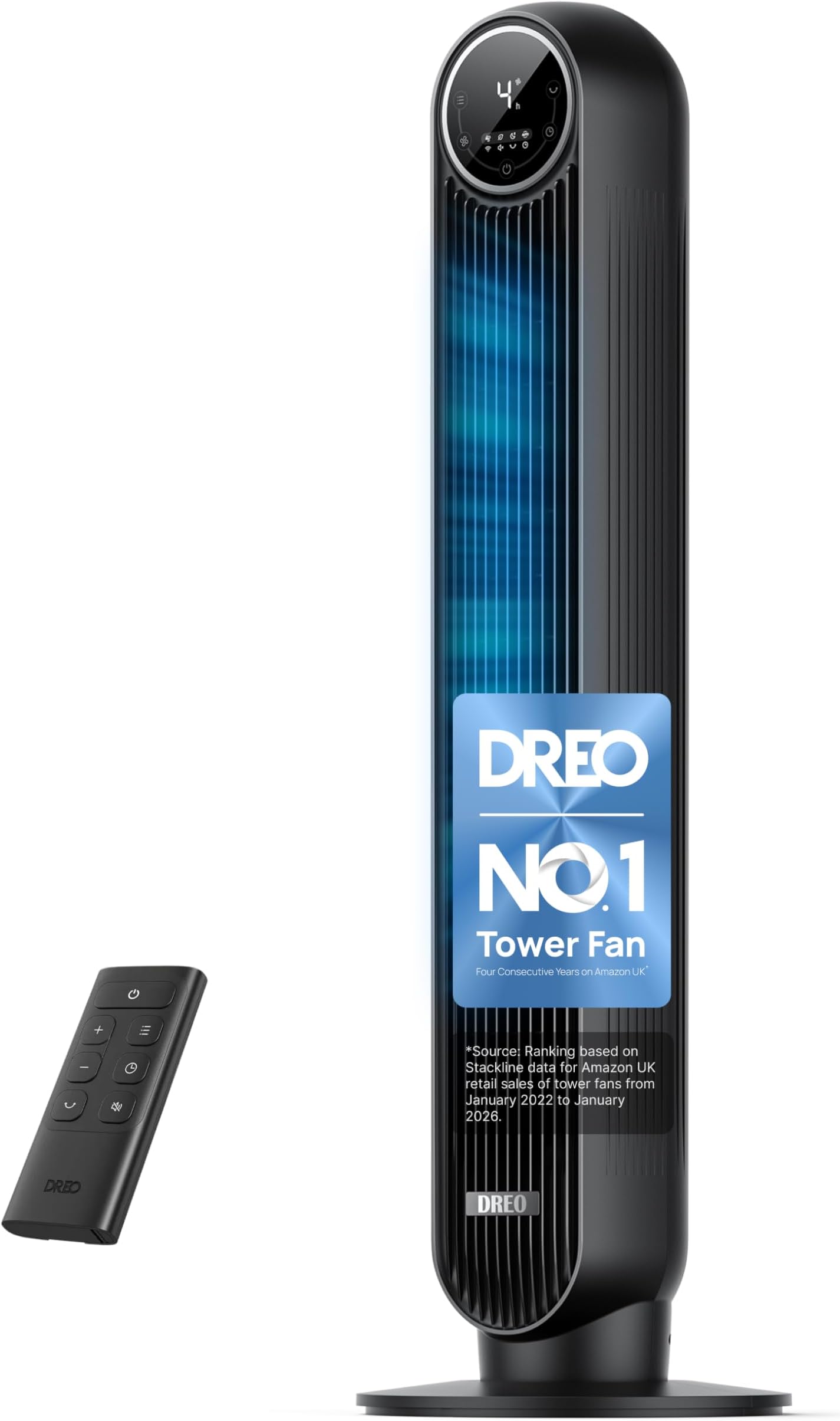 DREO 20dB Silent Tower Fan, 28 ft/s Velocity Electric Cooling Fan with Remote, 90° Oscillating 8 Speeds 4 Modes 8H Timer LED Display, DC Motor Quiet Standing Bladeless Floor Fans for Bedroom, Black