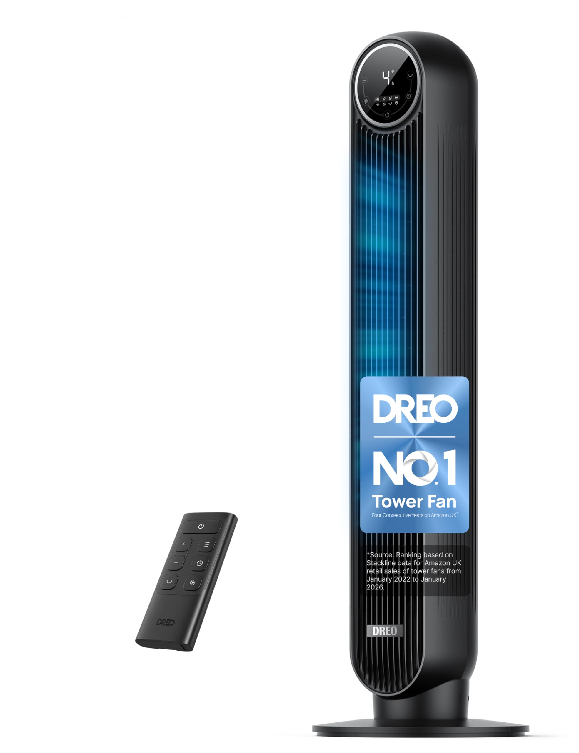 DREO 25dB Silent Tower Fan, 28 ft/s Velocity Electric Cooling Fan with Remote, 90° Oscillating 8 Speeds 4 Modes 8H Timer LED Display, DC Motor Quiet Standing Bladeless Floor Fans for Bedroom, Black