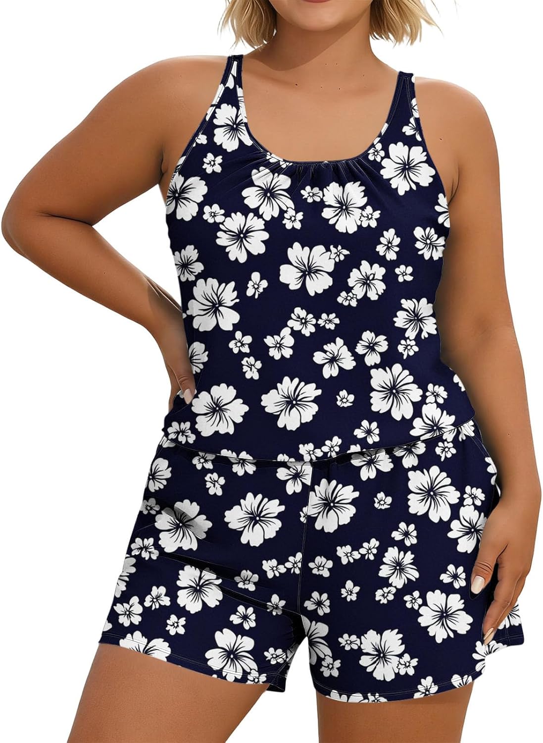YRAETENM Swim Rompers for Women Plus Size One Piece Swimsuits Modest Blouson Bathing Suits Ladies Swimwear with Pockets