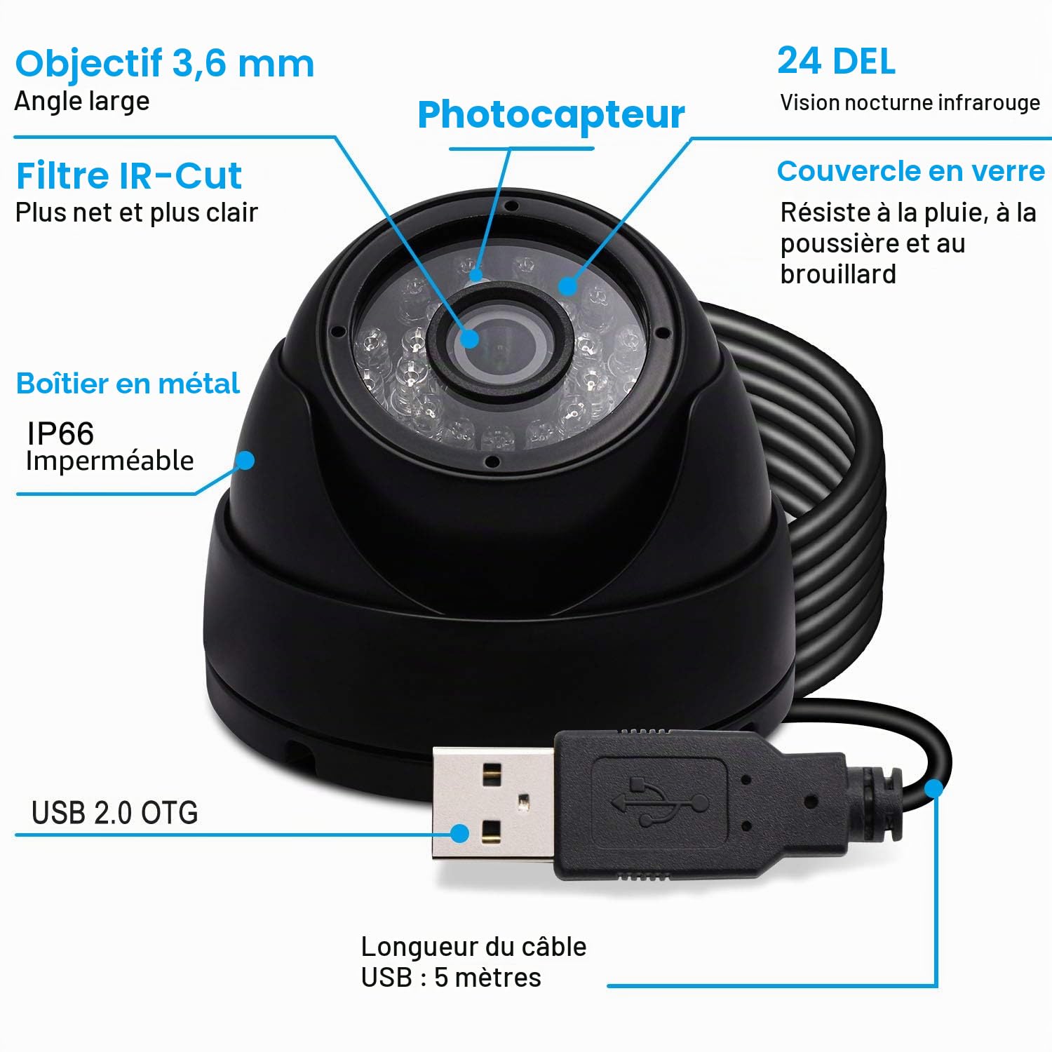 Svpro Caméra dôme étanche Microphone 720p USB dôme Caméra de Surveillance en extérieur