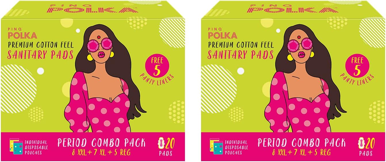PINQ POLKAPINQ POLKA Period Combo Pack - Premium Organic Cotton Soft Feel Ultra-Thin Sanitary Pads for Rash Free,16 XXL(Heavy Flow), 14 XL (Night), 10 Regular (Day) and 10 Pantyliner (Discharge)- Pack of 2 (50Pcs)