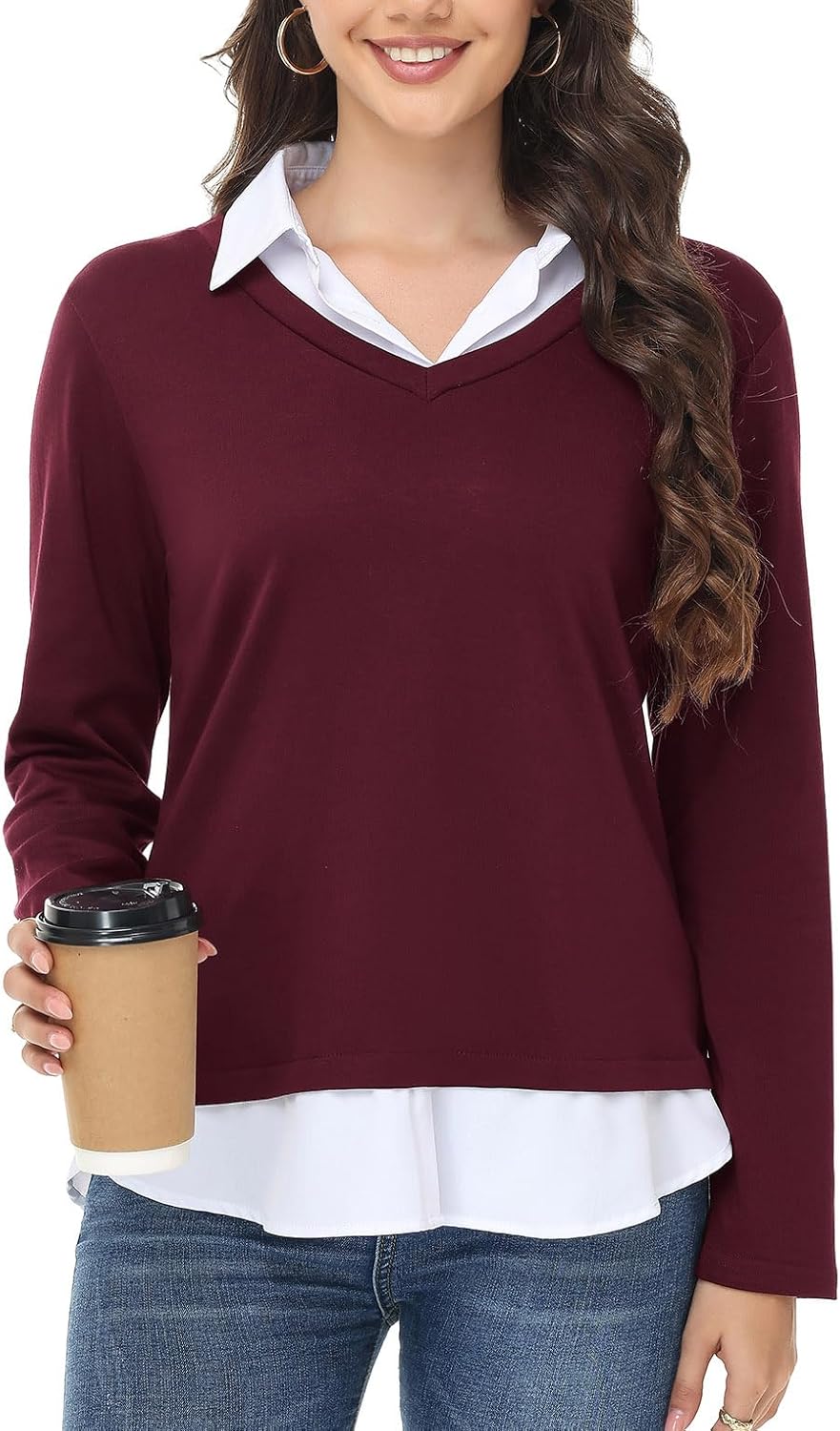 Womens Sweaters Fall Fashion 2025 V Neck Long Sleeve Collared Shirts Office Business Lightweight 2 in 1 Tops