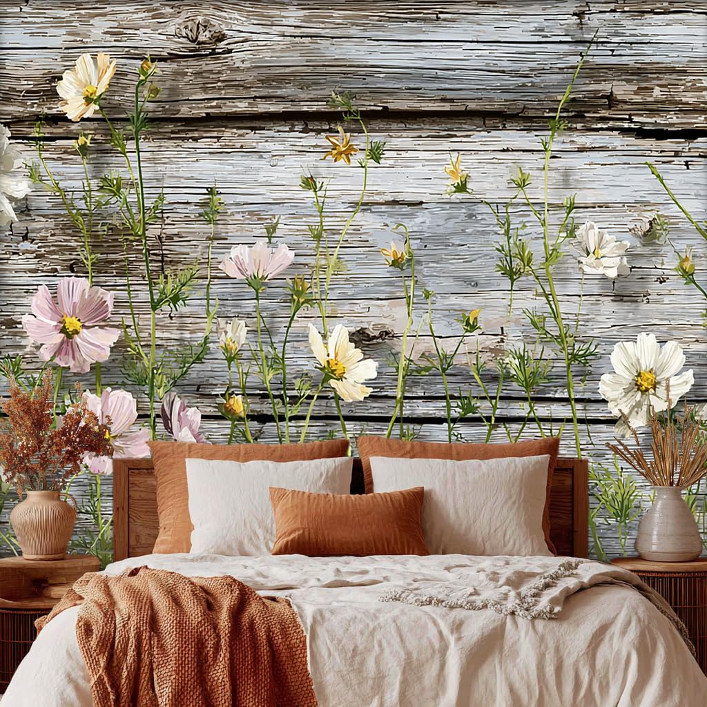 Wildflower Rustic Mural Wallpaper, Wood Grain Cabin Flower Wallpaper for Bedroom, Living Room, TV Backdrop, Office, 3D Large Wall Mural Non-Woven Wall Paper 450 x 315 cm (WxH) A233
