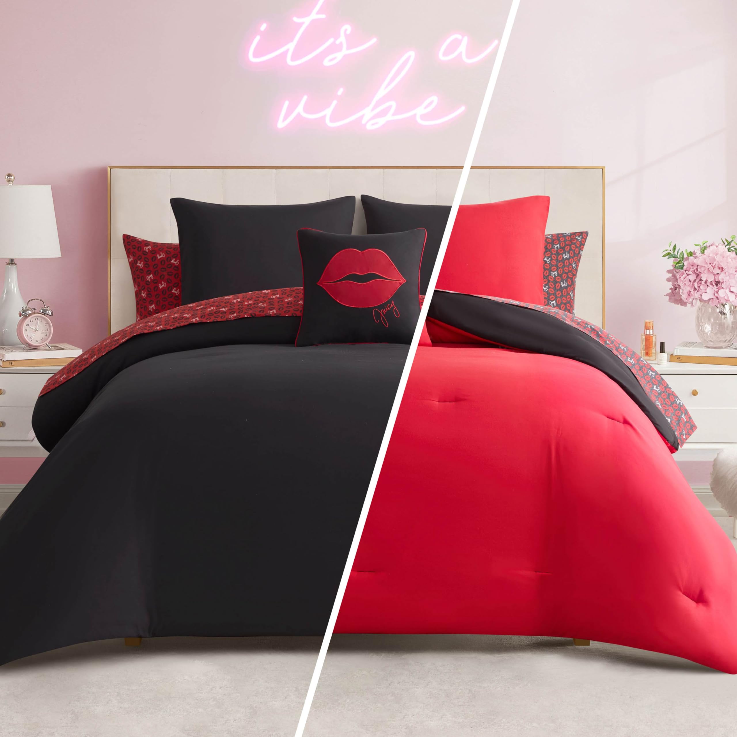 Juicy Couture Black/Red Cheetah Rebel Lips Reversible Comforter Bed In A Bag Set, Twin