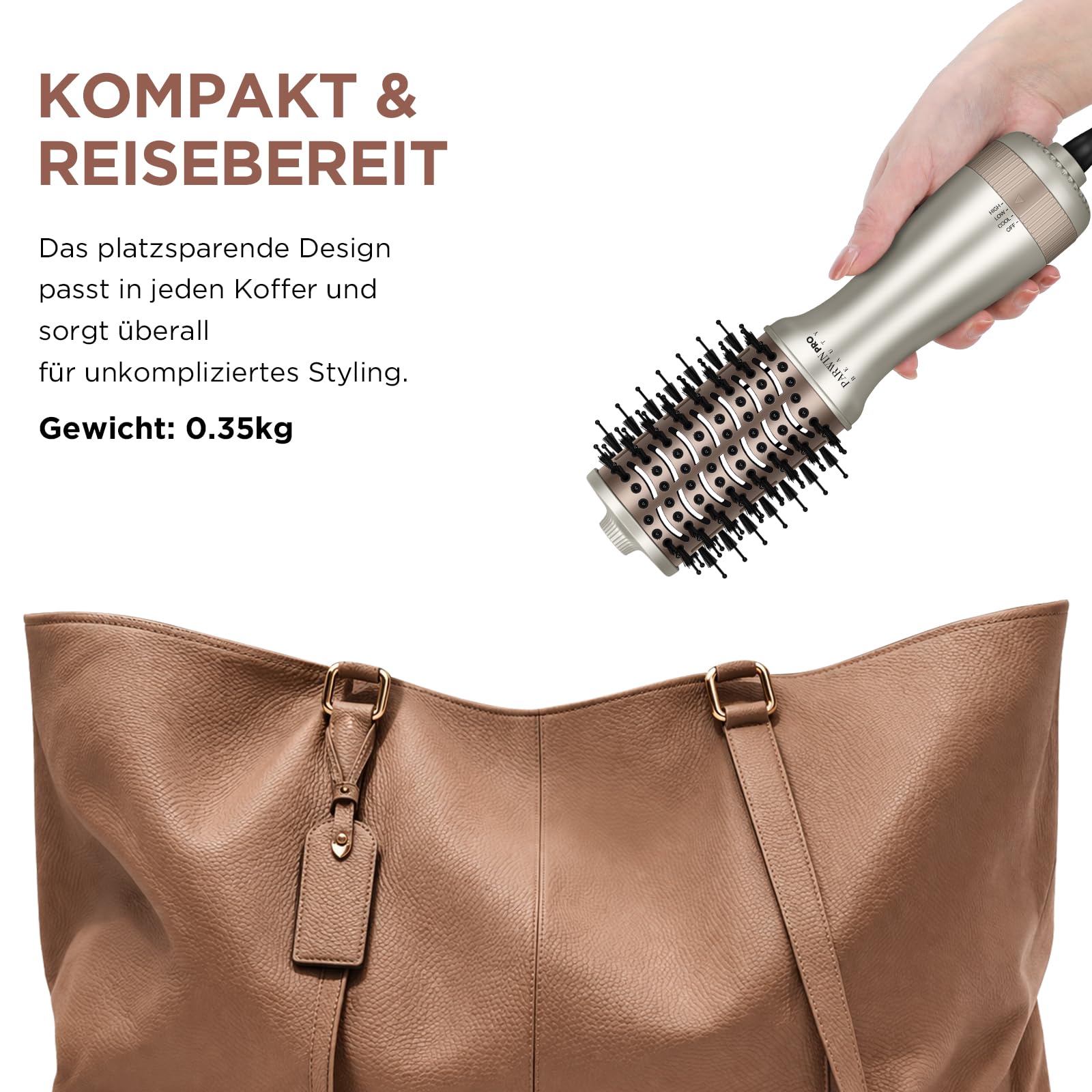 PARWIN PRO BEAUTY Mini szczotka podróżna do gorącego powietrza, owalna szczotka z podwójnym napięciem, automatyczna, 110-240 V, bez ręcznej zmiany, technologia jonowa, 3 temperatury, wtyczka EU i