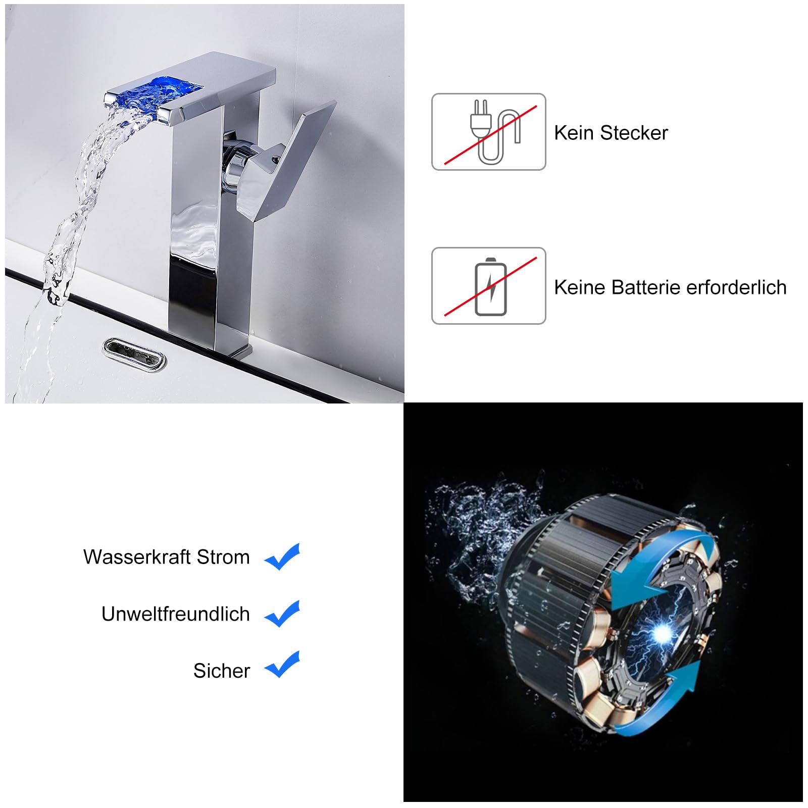 Wasserhahn Bad LED(keine Batterie erforderlich), KEOKBON Hoch Wasserfall Waschtischarmatur Armaturen mit Auslaufhöhe von 226 MM High, Einhebelmischer Mischbatterie für Waschbecken im Bad, Chrom