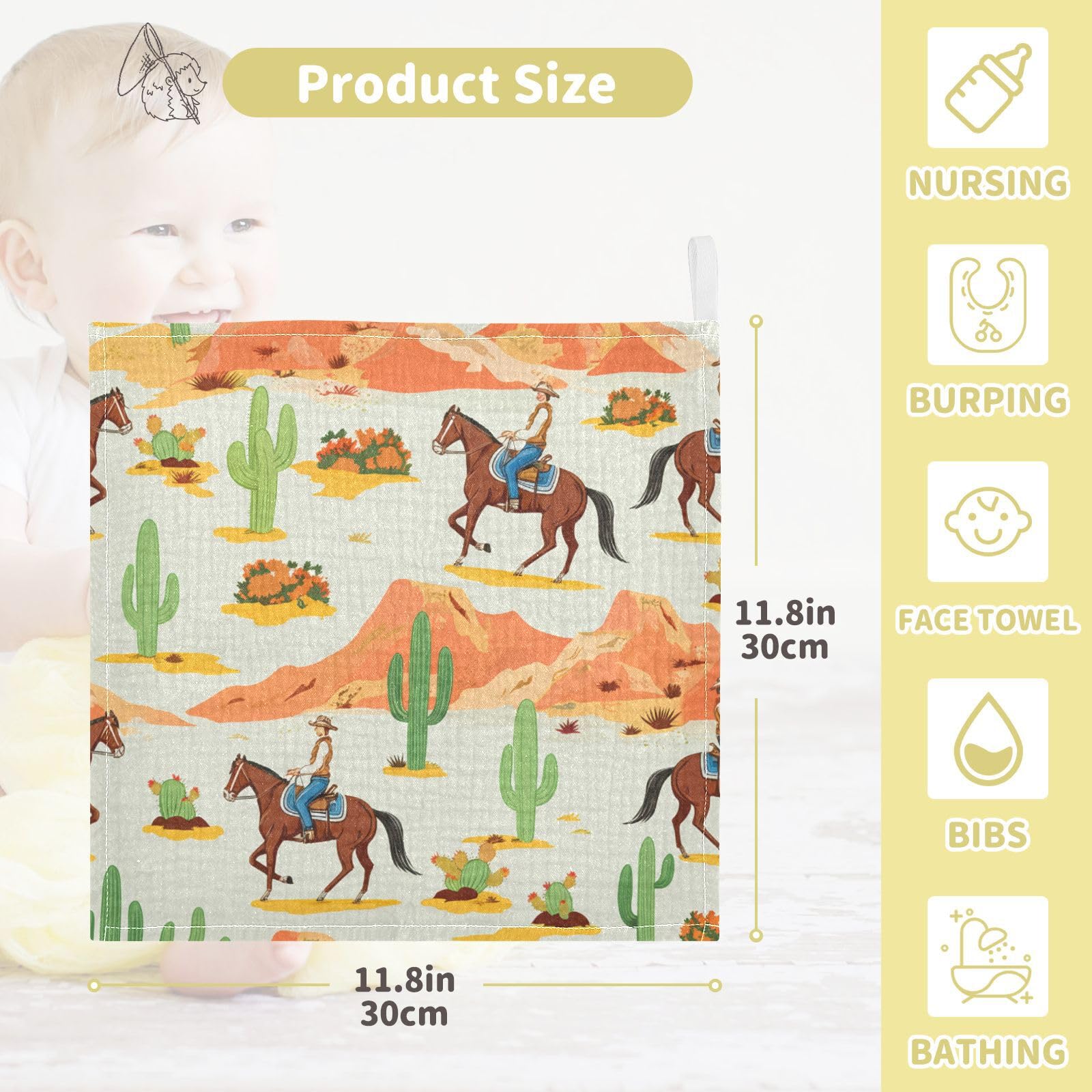 Kigai Cowboy Rides A Horse Across The Desert Baby Washcloths,5pcs Ultra Soft Absorbent Towel,Newborn Bath Face Towel, Natural Reusable Baby Wipes for Sensitive Skin, Baby Registry as Shower
