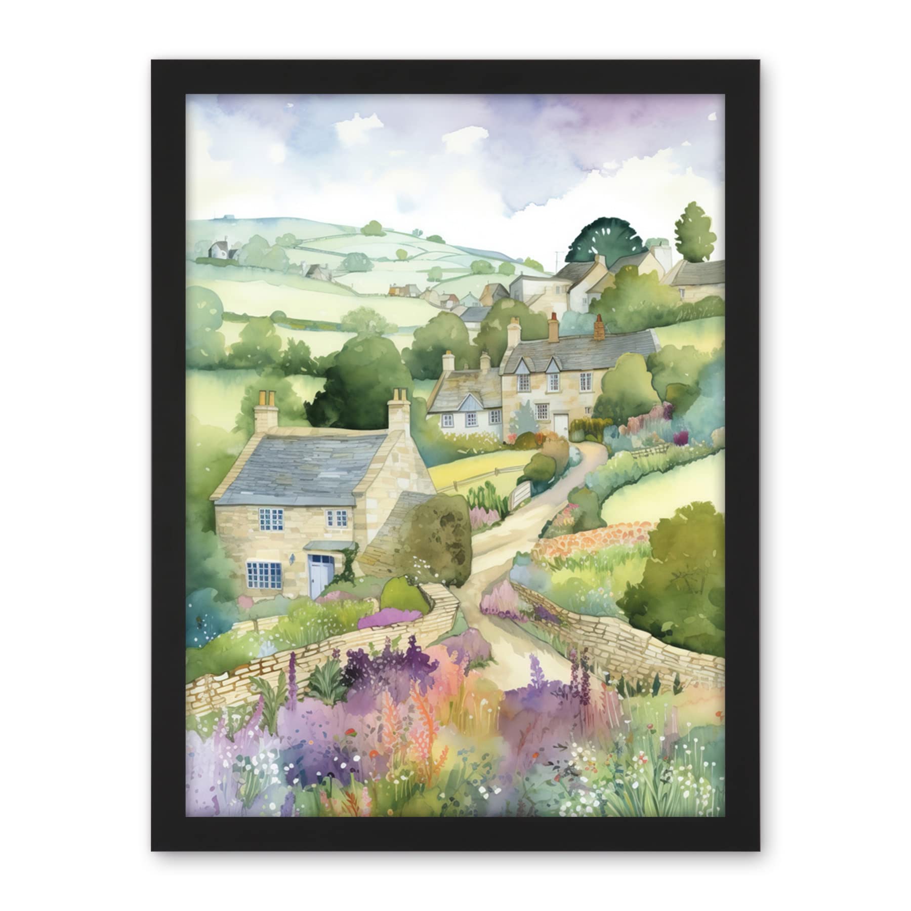 Artery8 Countryside Spring Landscape with Cottages Modern Watercolour Painting Artwork Framed Wall Art Print 18X24 Inch