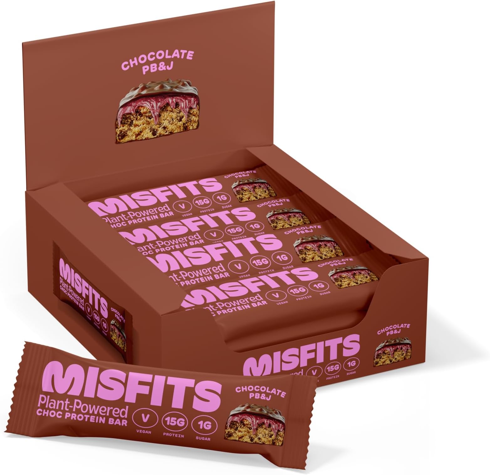 Misfits Vegan Protein Bar, High Protein, Low Sugar, Gluten Free, Plant Based Protein Bar, 12 Pack (PB & J)