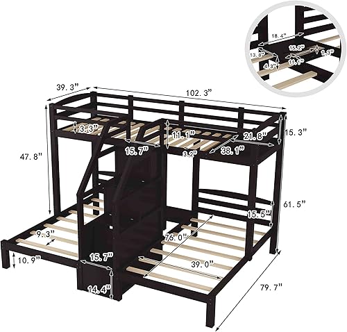 Miniatura 2 de ATY Litera triple con escalera integrada y cajón de almacenamiento marco de cama de madera individual sobre individual con barandillas de seguridad