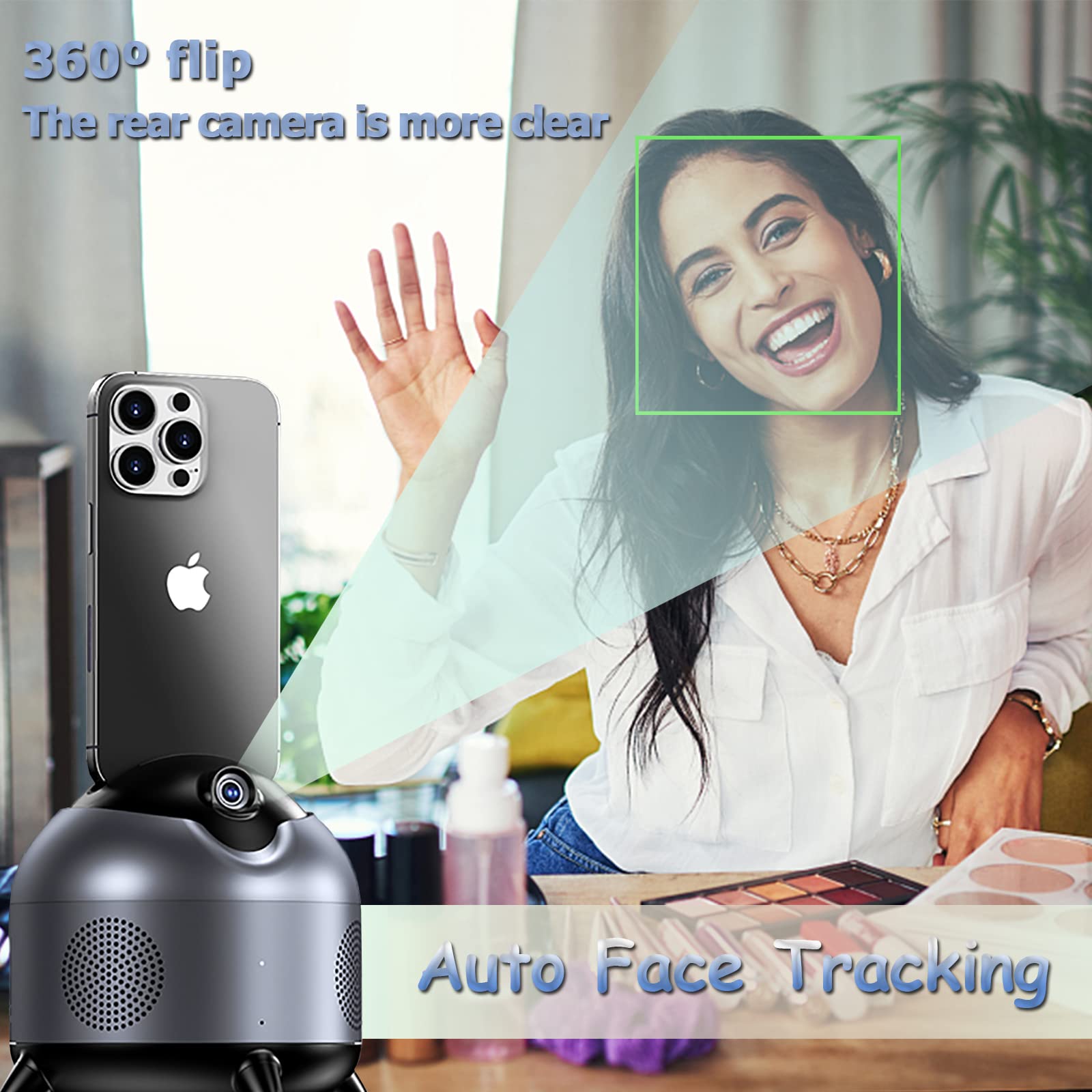 Bastone Selfie con 360° Rotazione Intelligente, Smart Phone Holder con AI Tracciamento Automatico, Cassa Bluetooth e Microphone, Nessuna APP per Lo Streaming Video in Diretta(Nero).