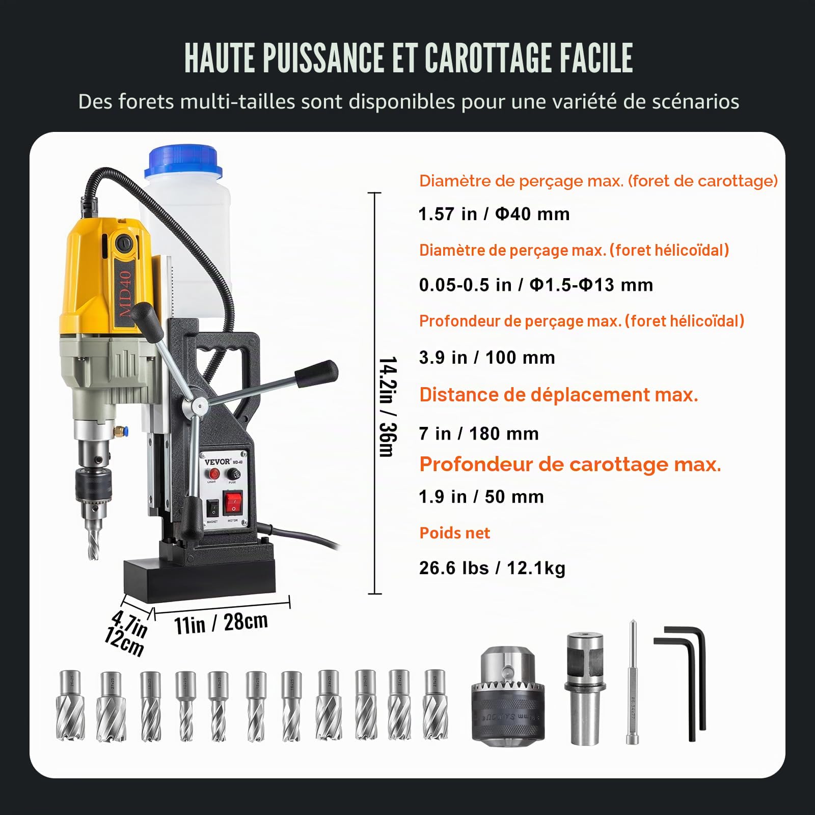 VEVOR Perceuse Magnétique 12000N Perceuse à Colonne 36 x 28 x 12cm Foreuse sur Colonne 1100W Douze Éléments Pratique pour la Construction de Navires Ponts la Fabrication Industrielle et Sidérurgique