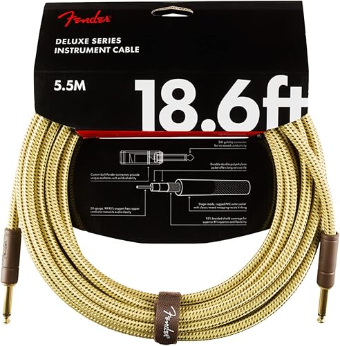 Miniatura 20 de Fender Cable de instrumento de la serie Deluxe, cable de guitarra, accesorios de guitarra, recto/angular, Tweed, 25 pies