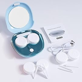 Contact Lens Cleaner Machine, Portable Ultrasonic Cleaning with USB Charger Mirror Tweezers Remover Tool Replaceable Contact Lens Case for Daily Outdoor (Blue)