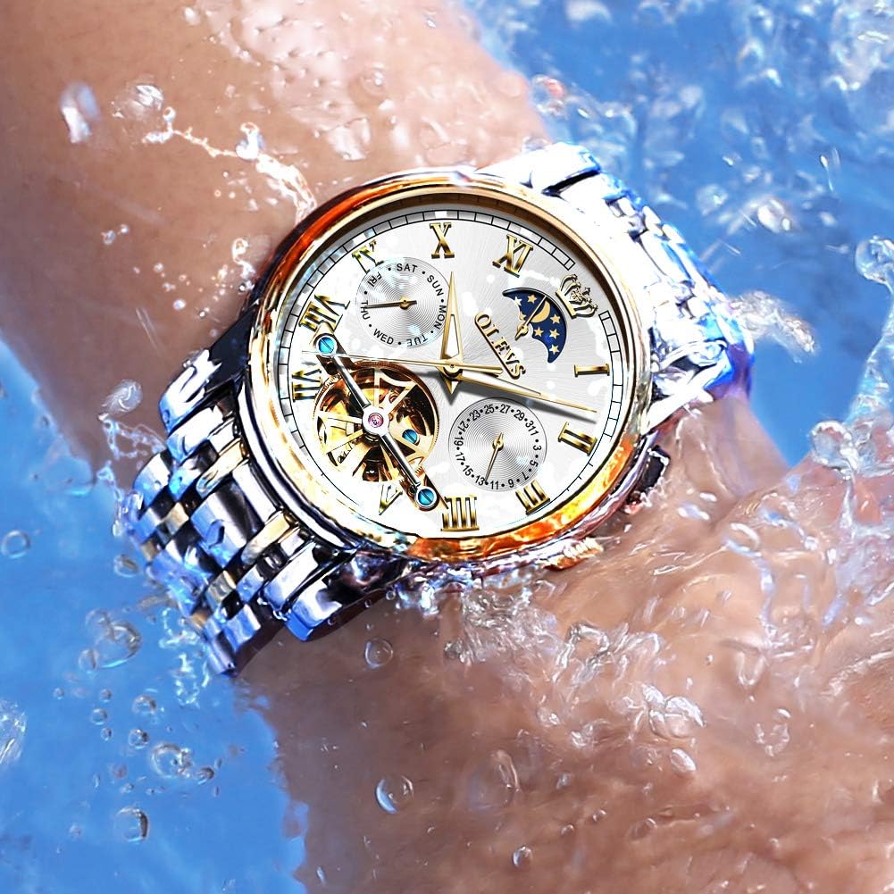 OLEVS Couple Pair Watch Automatic for Men and Women His and Hers Watches Set Gifts Mechanical Self-Winding Tourbillon Big Face Dress Wristwatch with Day Date Calendar Two Tone