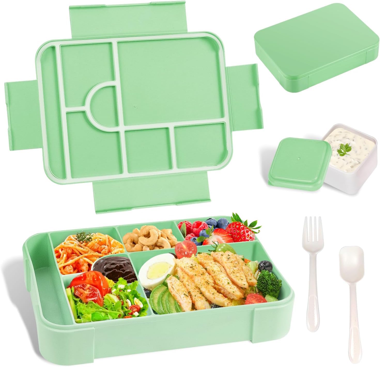 LIBRIZA Lunch Box, Bento Box | 7 Compartments Lunch Box | 1330ML With Utensils and Sauce Bowl | Leak Proof, Microwave Dishwasher Freezer Safe | Children's Snack Box, School Lunch Box (Green)