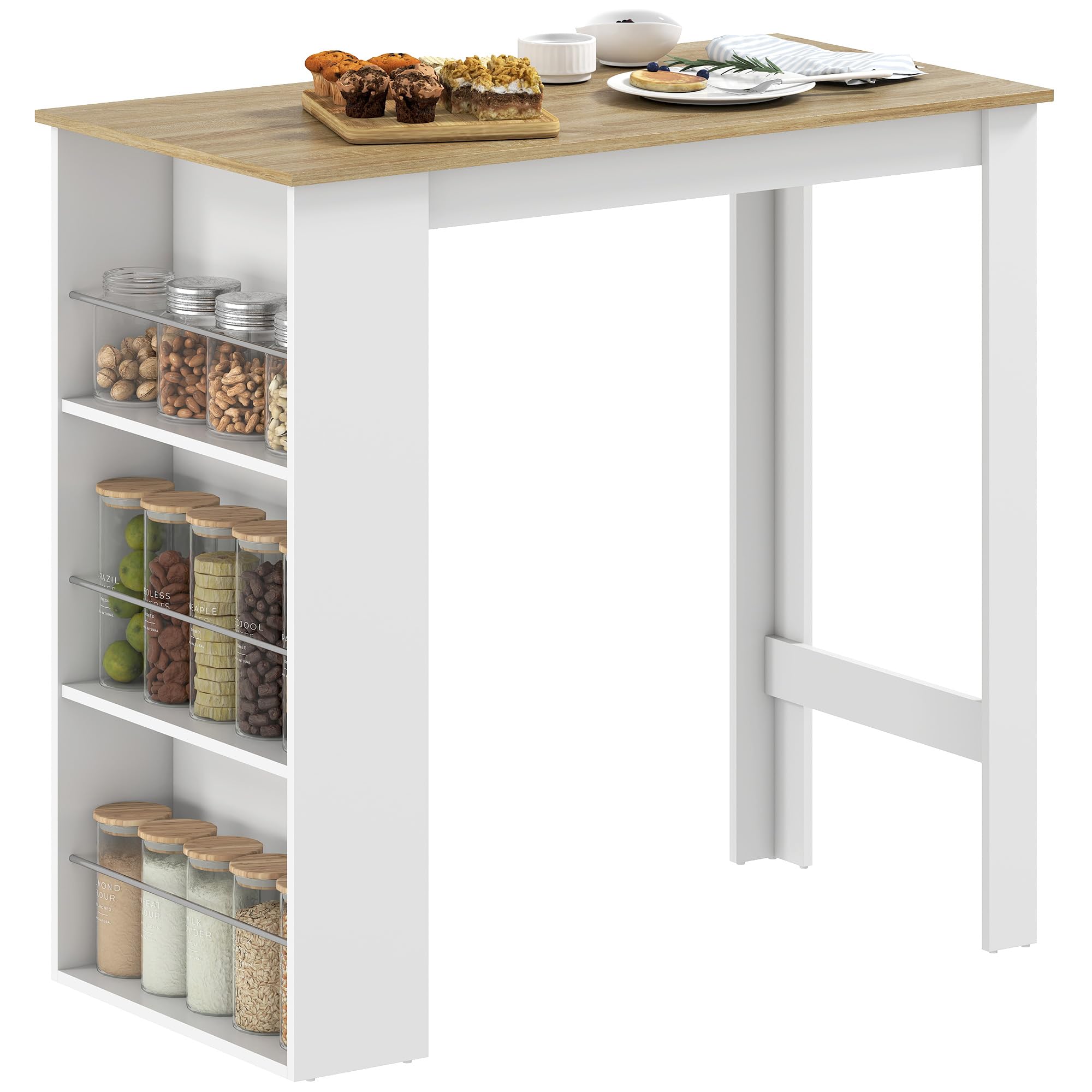 HOMCOM Table de Bar Table Haute de Cuisine Mange-Debout comptoir - dim. 112L x 57l x 106H cm - 3 étagères - Aspect chêne Clair Blanc