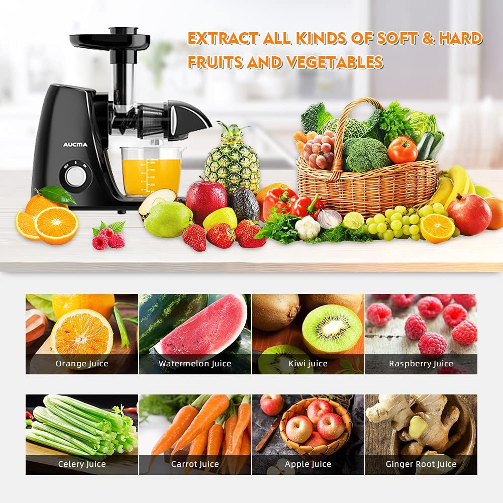 Aucma Juicer extracting juice from various fruits and vegetables