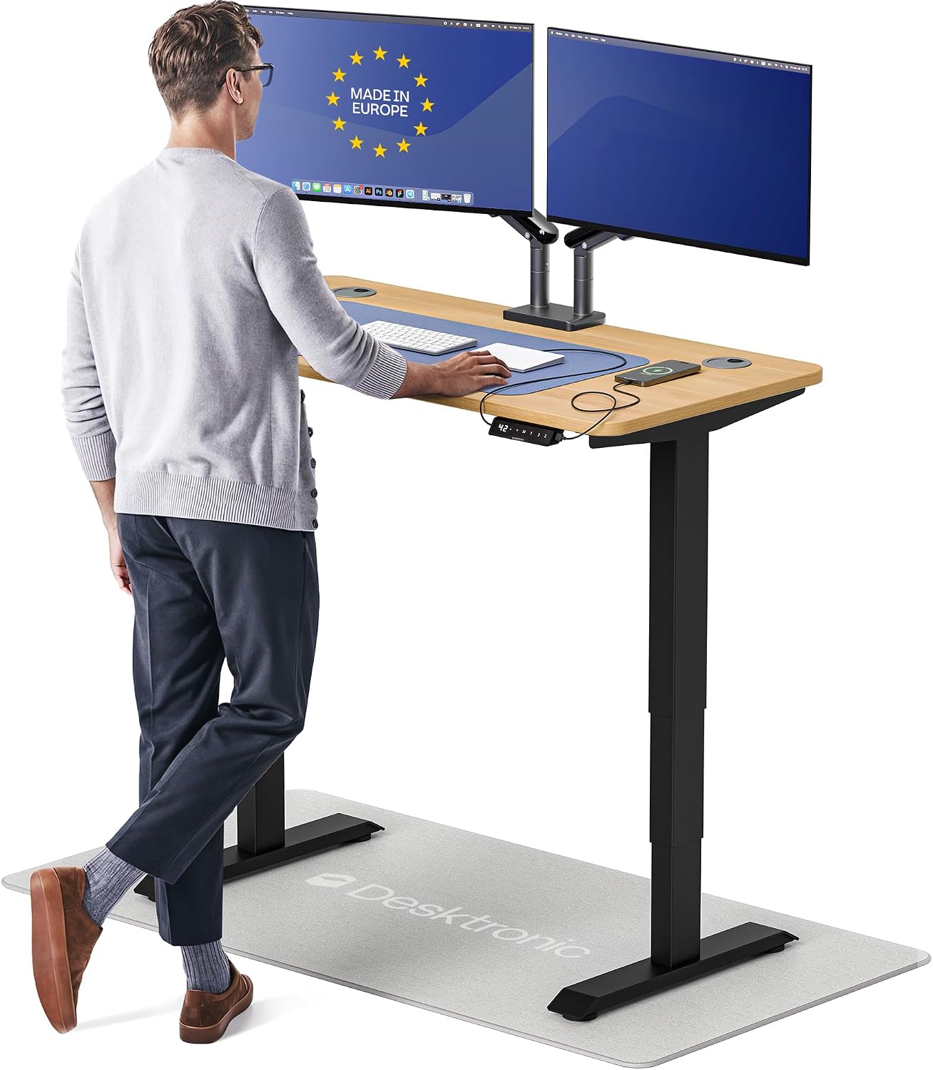 Desktronic HomePro Standing Desk 48x24 — Made in Europe, Ergonomic Sit Stand Home Office Desk, Electric Height Adjustable, Dual Motor, USB & USB-C Charging, Wobble-Free, Touchscreen, 3 Memory Presets