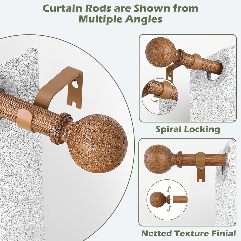 Holzkornkugel Verstellbare Gardinenstange,verstellbare Duschvorhangstange,Bauernhaus Rustikale Teleskopstange, Spannstange,Bügeleisen mit Scheibengardinenstange(Size:18-60in)