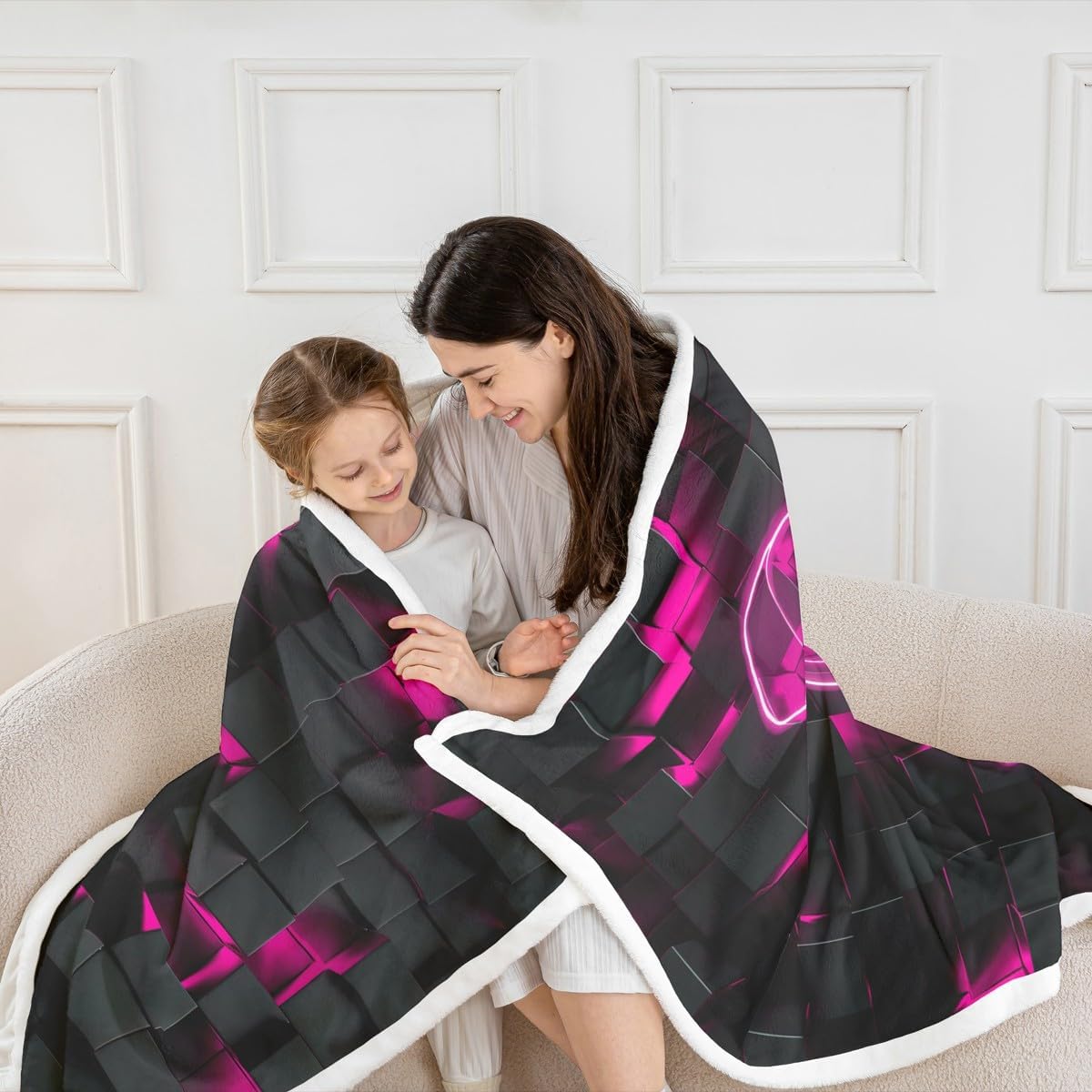Erosebridal Gaming Sherpa Blanket for Girls, Boys Gamepad Gamer Throw Blanket Twin Size Video Game Fleece Blanket for Boys Kids Teens Bedroom, Neon Square Fuzzy Blanket,Antique Pink Black
