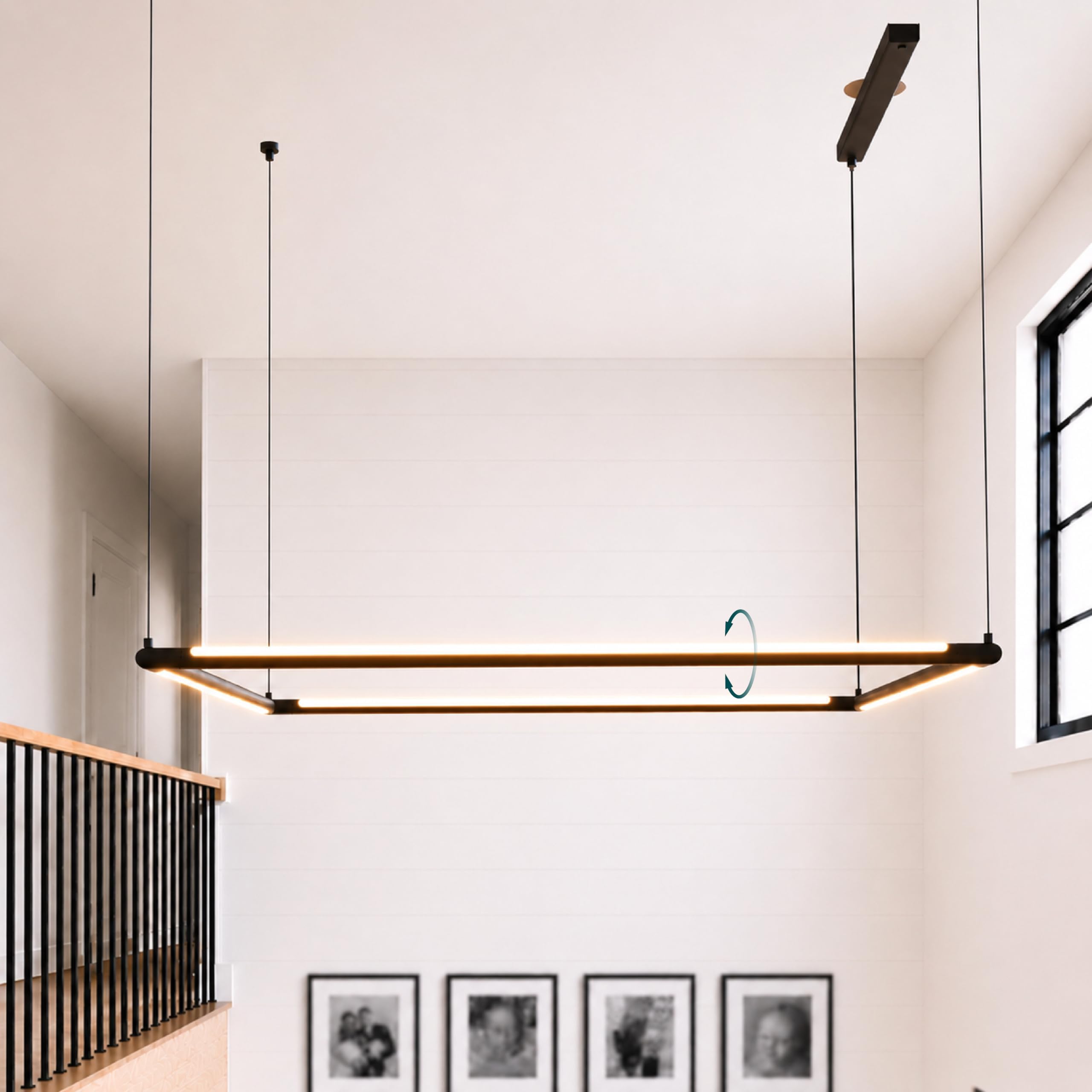 Solvita 49.6" Large Square LED Pendant Light, 360° Rotatable Tubes, 0-10V Dimmable Architectural Chandelier, 3000K Flicker-Free Matte Metal for Foyer & High Ceiling Dining Room