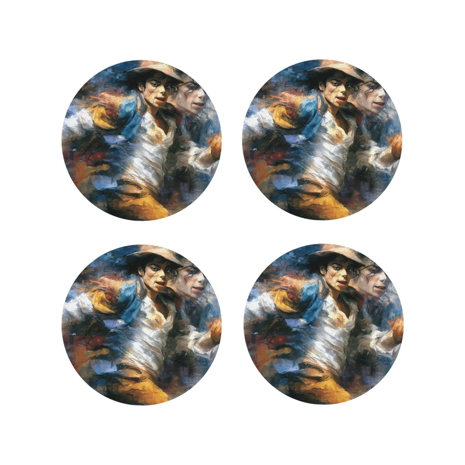 Coasters Set of 4 Round Leather Coaster Quick-Dry Drink Michael Jackson Coasters for Desk Absorbent Mugs Pads Tabletop Protection Pad Heat Resistant Coffee Cup Mat for Kitchen Bar