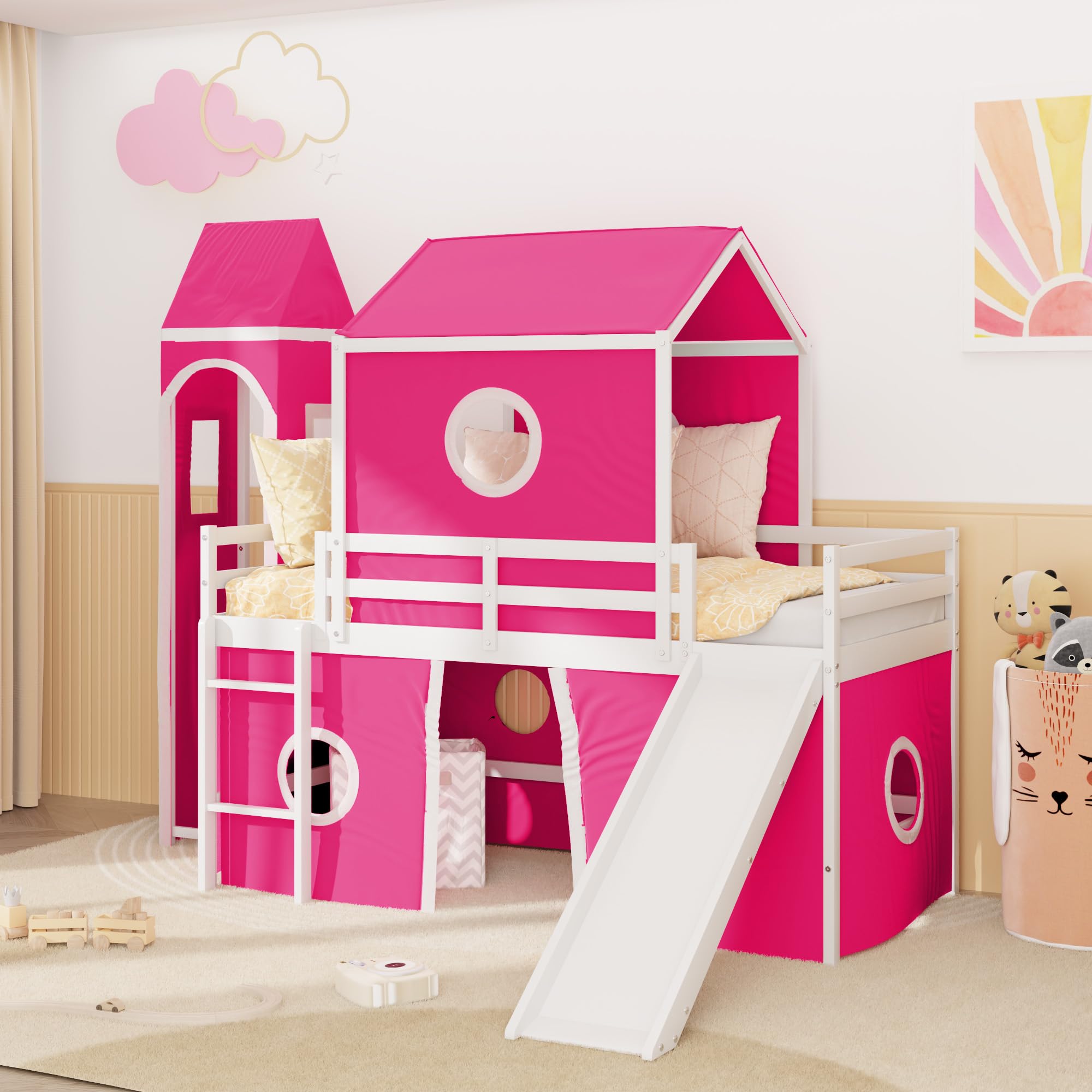 FUCIHOMA Twin Size Loft Bed with Slide Pink Play Tent and Castle Tower Solid Pine Wood Construction 3 Configurations for Kids Room Semi-Enclosed Design with Storage Space Under Bed