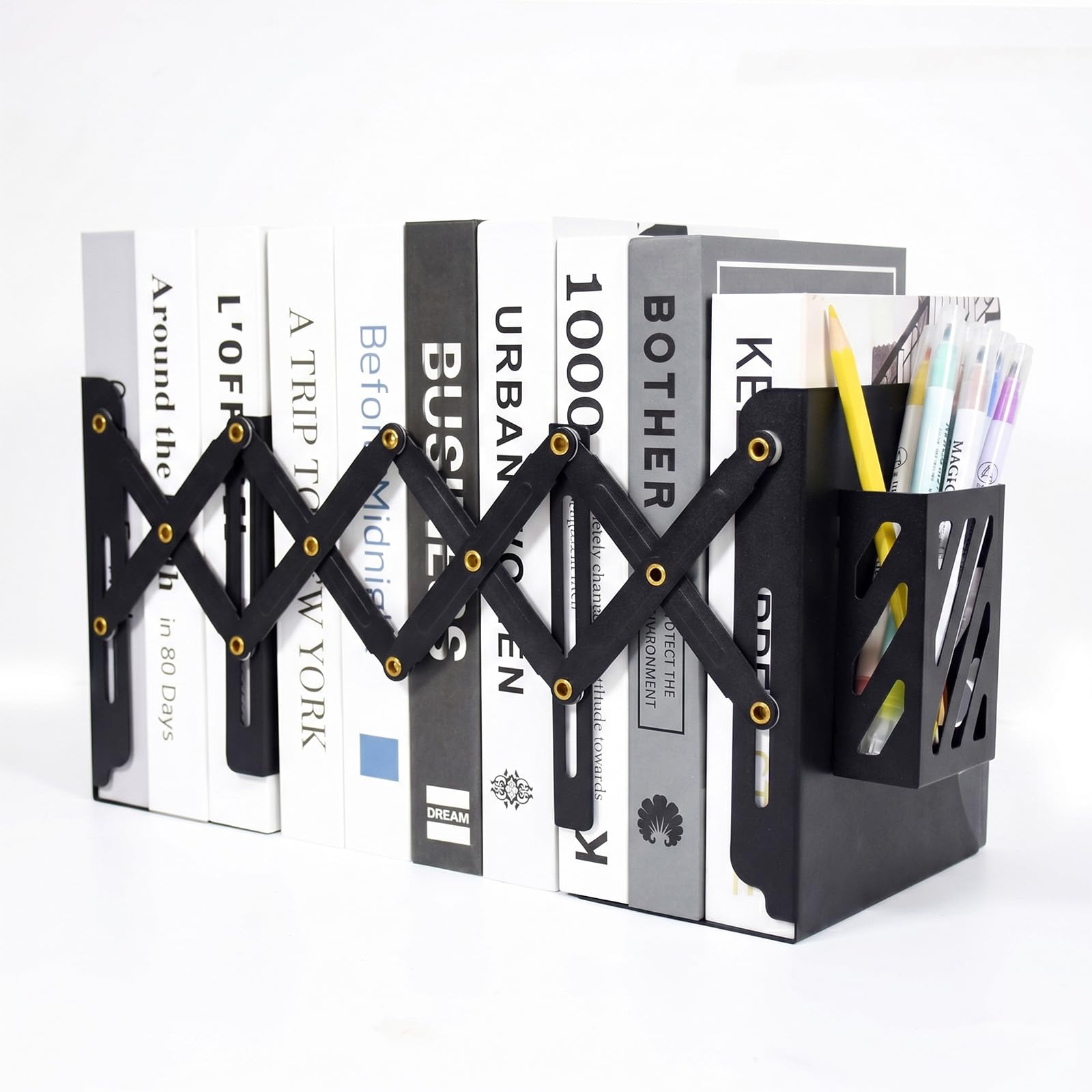 Marte Vanci Adjustable Bookends, Metal Bookends with Removable Pen Holder for Shelves, Book Stopper for Heavy Books, Bookshelf Organizer for Home, Office, School,Extends up to 18 inches(Black)