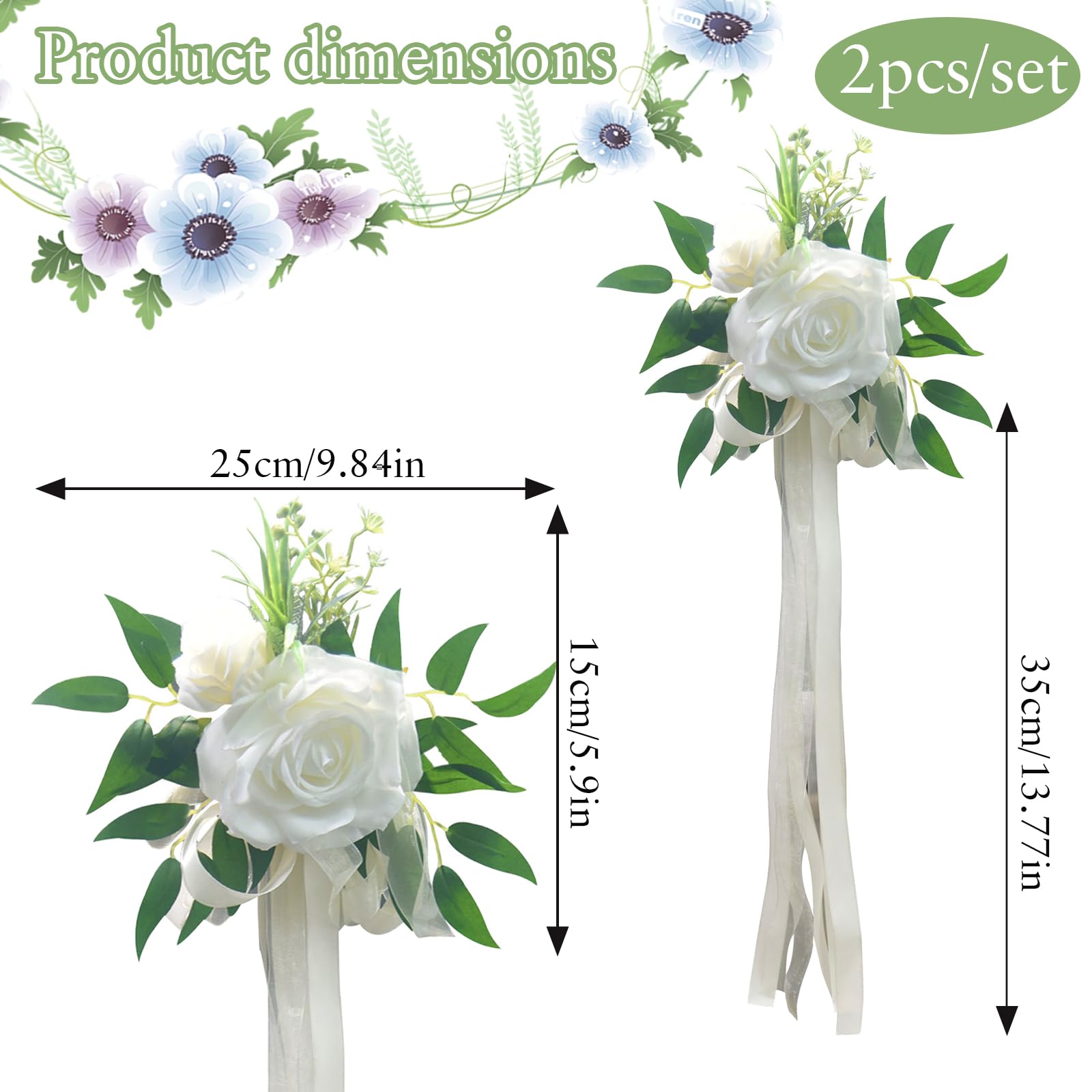 Deco Samochód Ślubny, 2 sztuki, 25 cm, biała kokarda, kokarda na przyssawkę, do lusterek wstecznych, klamek drzwi, oparć krzeseł, ławek kościelnych i imprez