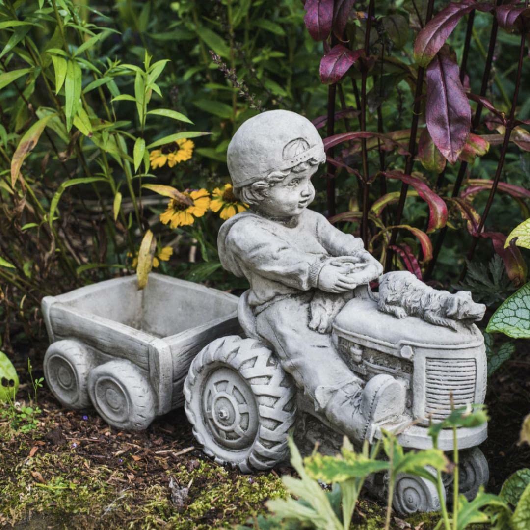 DGS STATUES – Stone Cast, Little Boy Driving Tractor Flower Pot/Planter, Hand Finished, Statue, Sculpture