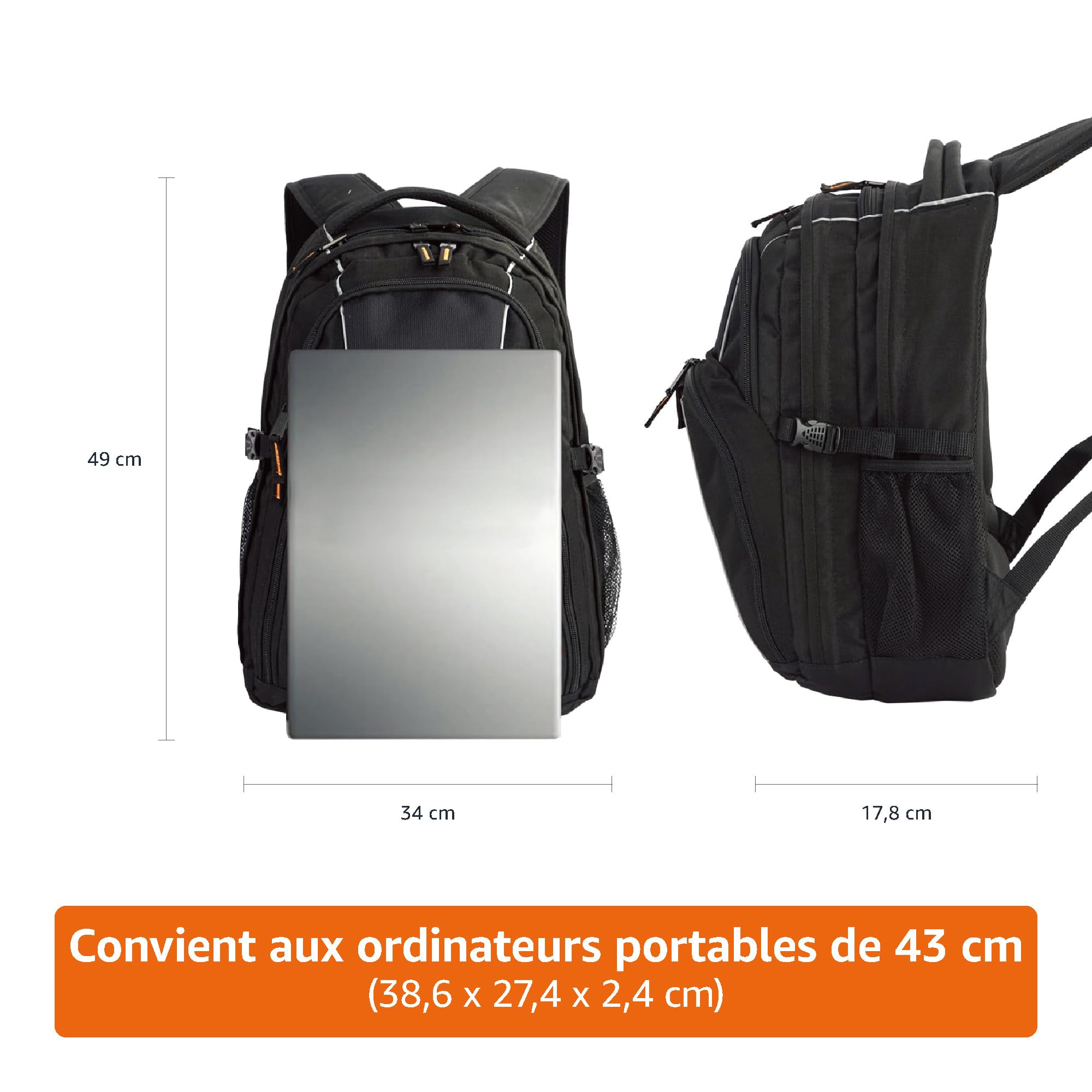 Amazon Basics Sac à dos pour ordinateur avec bretelles rembourrées et compartiments de rangement pour stylos, clés, téléphone portable - Convient à la plupart des ordinateurs 43.2cm, noir