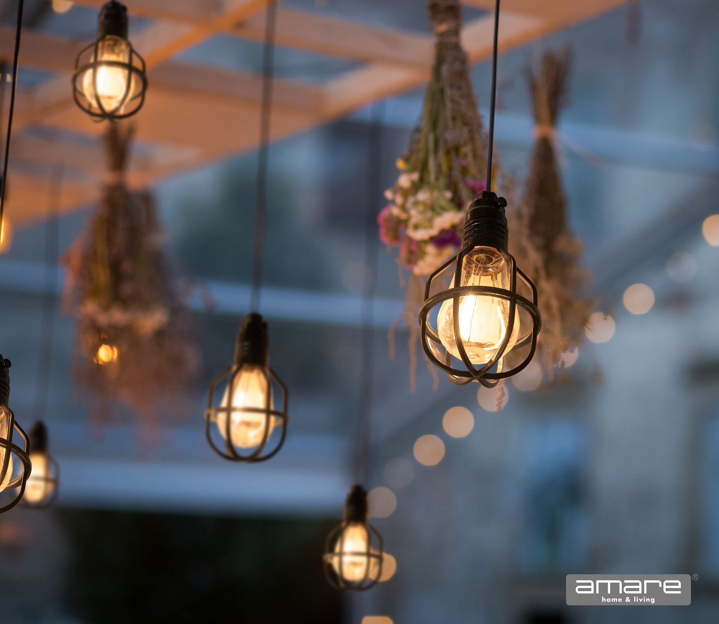 AMARE Catena luminosa industriale per interni ed esterni, 10 lampadari con alloggiamento della lampada nera, cavo da 3 m, IP44 e timer