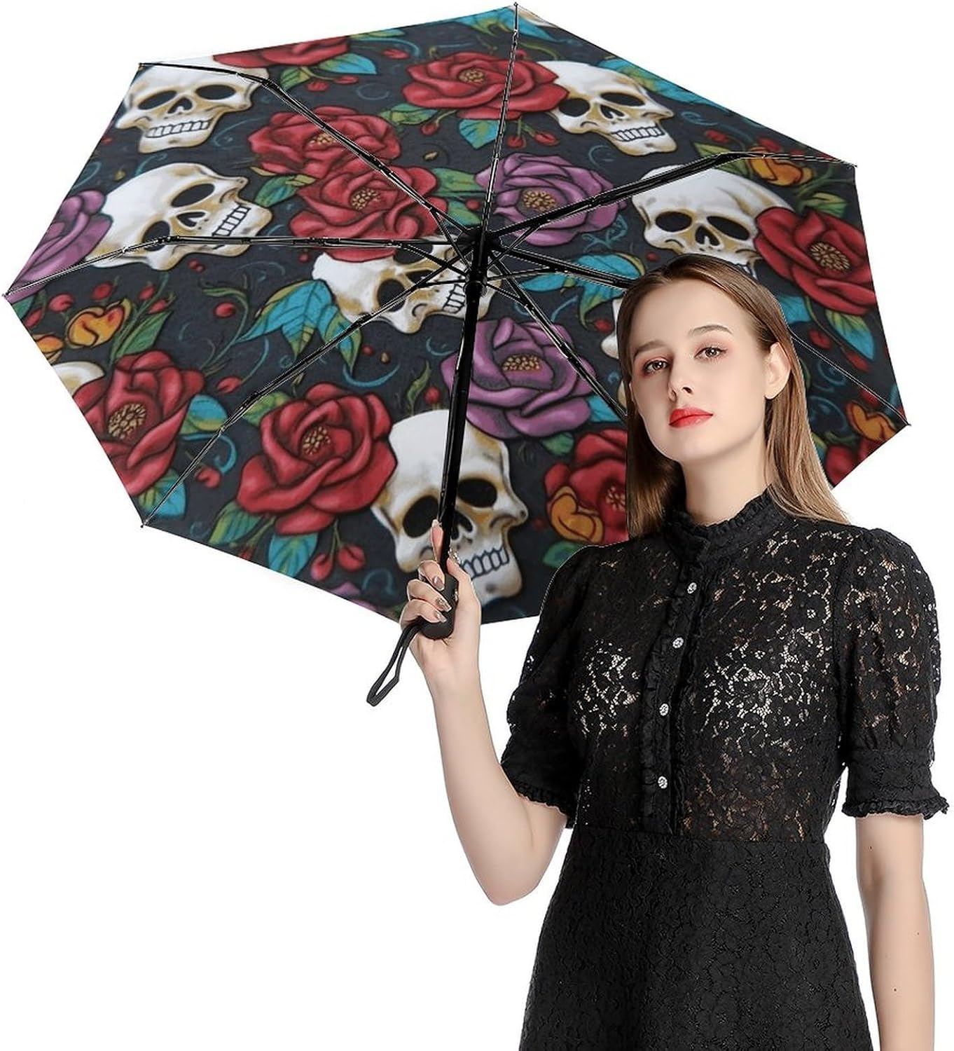 Sugar Skull Flowers Windproof Travel Umbrella, Automatic Folding Umbrella, Umbrellas for Rain Auto Open Close Portable & Compact for Women & Men