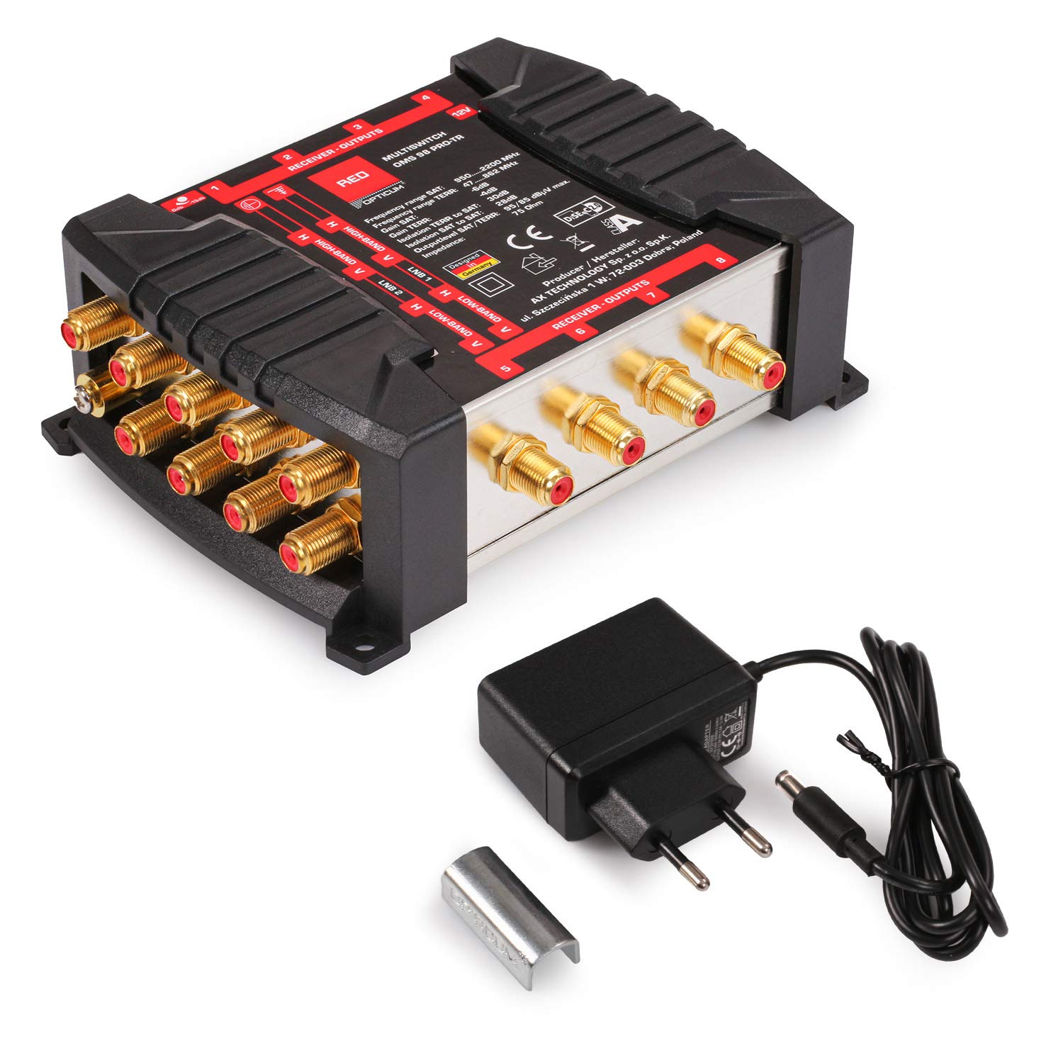 RED OPTICUM OMS 9/8 Pro TR - Conmutador múltiple para la recepción de Dos Posiciones de satélite a hasta 8 participantes, contactos Dorados, 4K, 3D, UHD, Apto para LNB Quattro y terrestre Regulable
